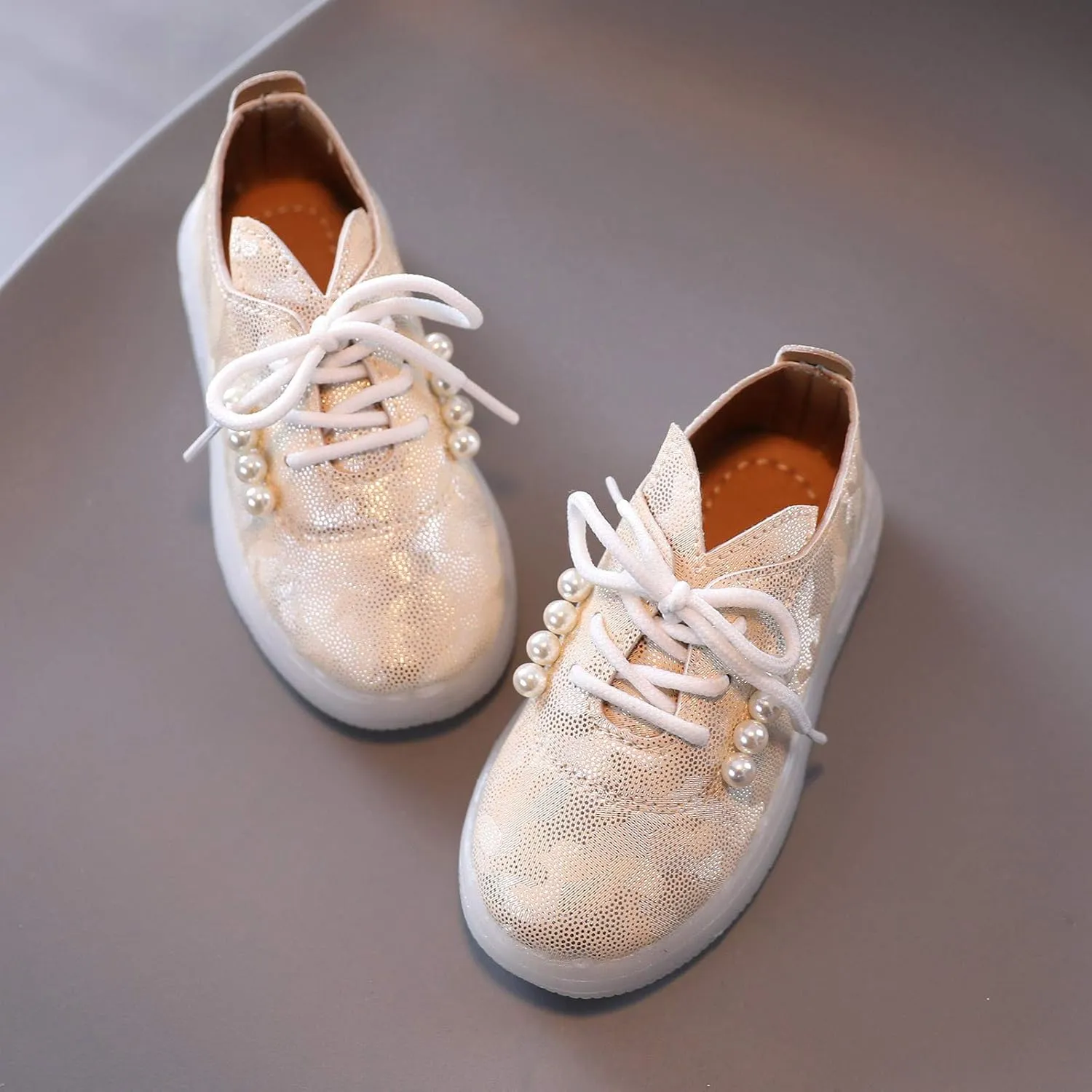 Kids Toddler Girls Shoes Light Up Flashing LED Tennis Sneakers with Pearl Outdoor Casual Adjustable Baby Shoes for Girls