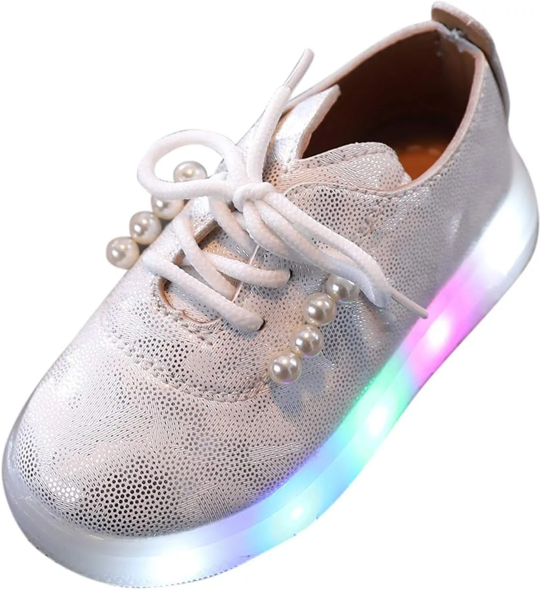 Kids Toddler Girls Shoes Light Up Flashing LED Tennis Sneakers with Pearl Outdoor Casual Adjustable Baby Shoes for Girls