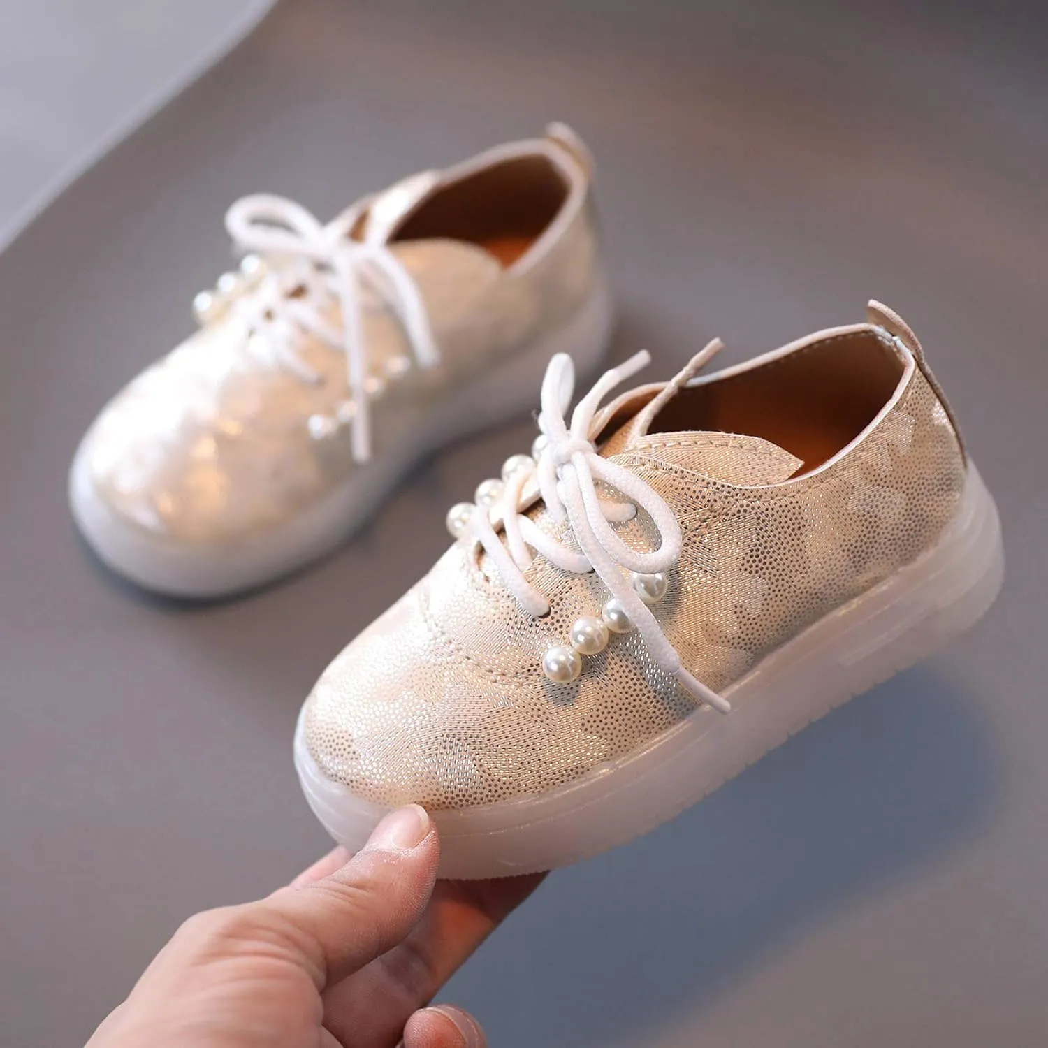 Kids Toddler Girls Shoes Light Up Flashing LED Tennis Sneakers with Pearl Outdoor Casual Adjustable Baby Shoes for Girls
