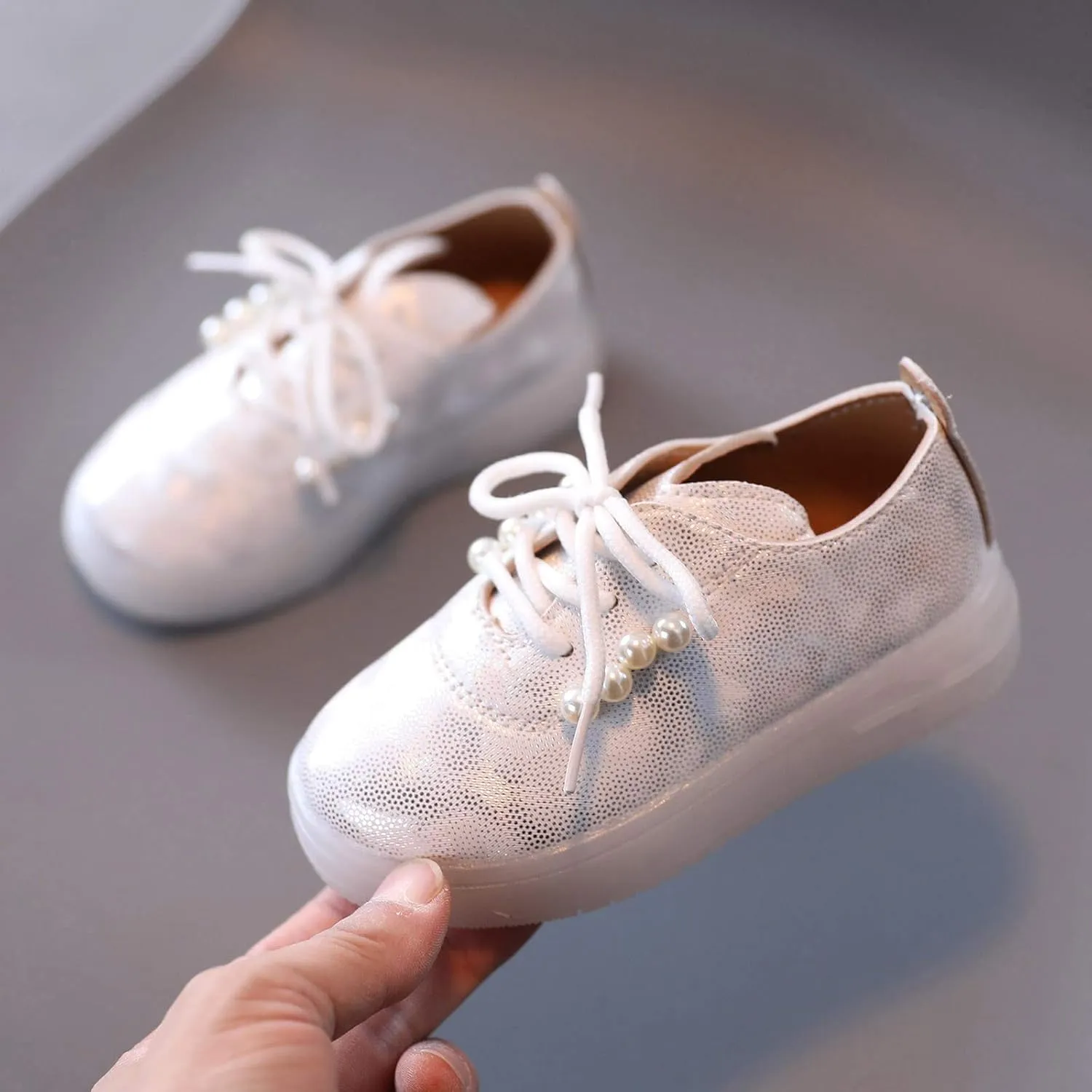 Kids Toddler Girls Shoes Light Up Flashing LED Tennis Sneakers with Pearl Outdoor Casual Adjustable Baby Shoes for Girls
