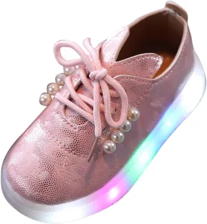 Kids Toddler Girls Shoes Light Up Flashing LED Tennis Sneakers with Pearl Outdoor Casual Adjustable Baby Shoes for Girls