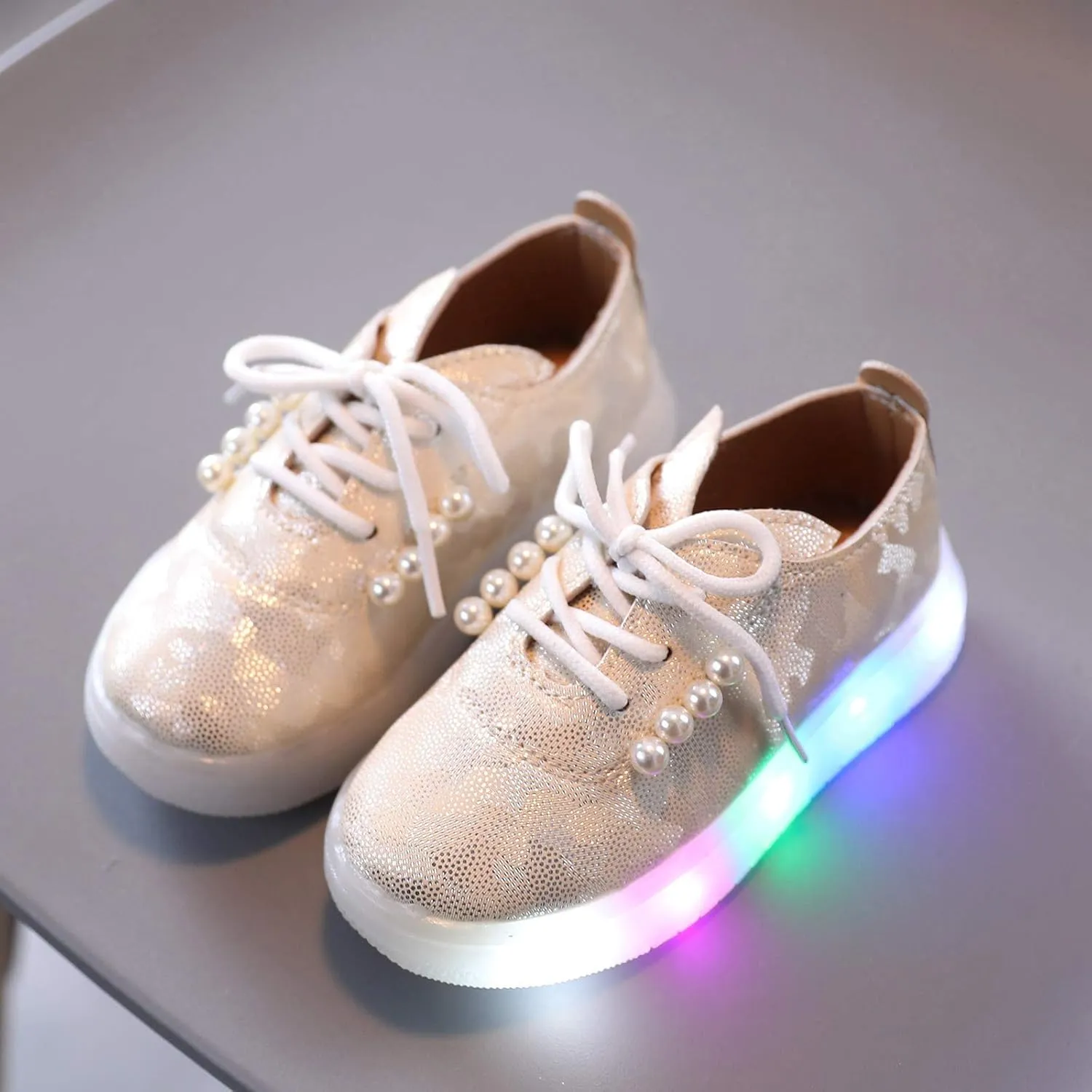 Kids Toddler Girls Shoes Light Up Flashing LED Tennis Sneakers with Pearl Outdoor Casual Adjustable Baby Shoes for Girls