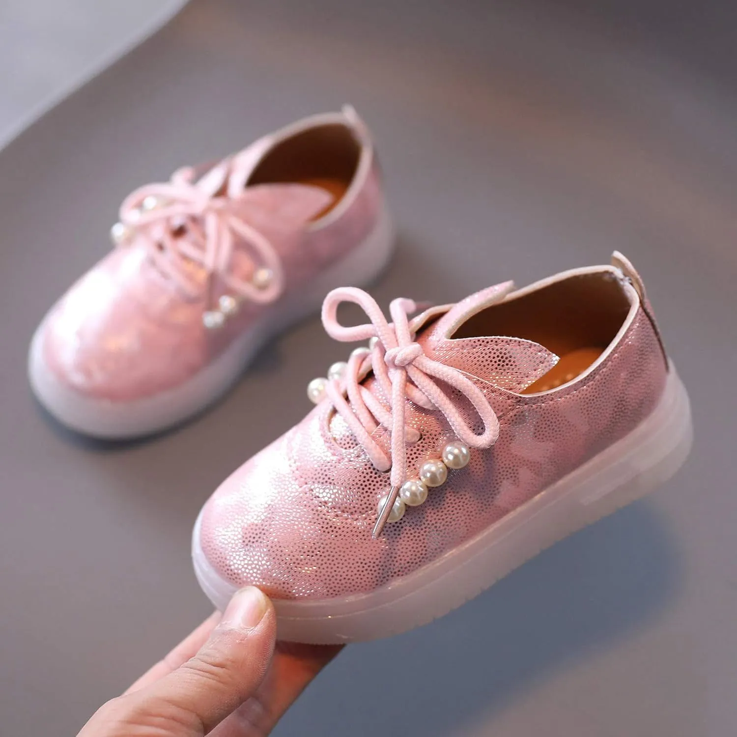 Kids Toddler Girls Shoes Light Up Flashing LED Tennis Sneakers with Pearl Outdoor Casual Adjustable Baby Shoes for Girls