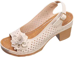 Ladies Orthopedic Sandals Slides Non Slip Beach Sandals Trendy Elegant Flowers Decor Hollow Out Low Heel Sandal with Adjustable Buckle Straps