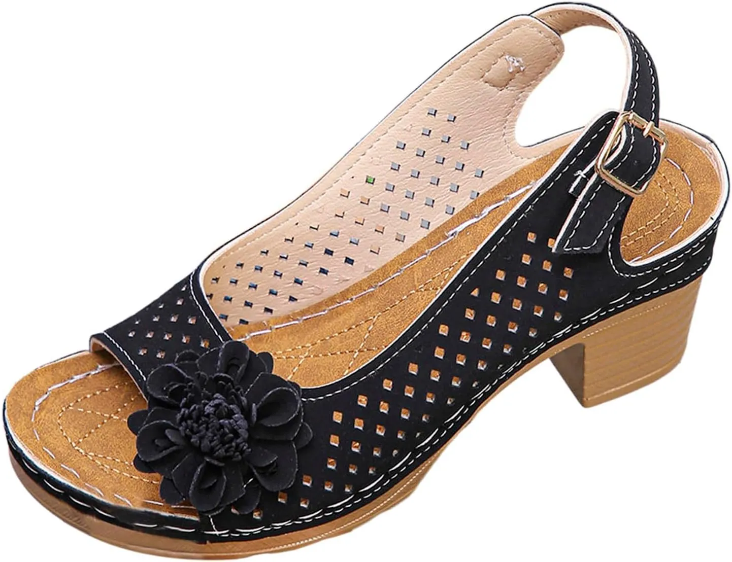 Ladies Orthopedic Sandals Slides Non Slip Beach Sandals Trendy Elegant Flowers Decor Hollow Out Low Heel Sandal with Adjustable Buckle Straps