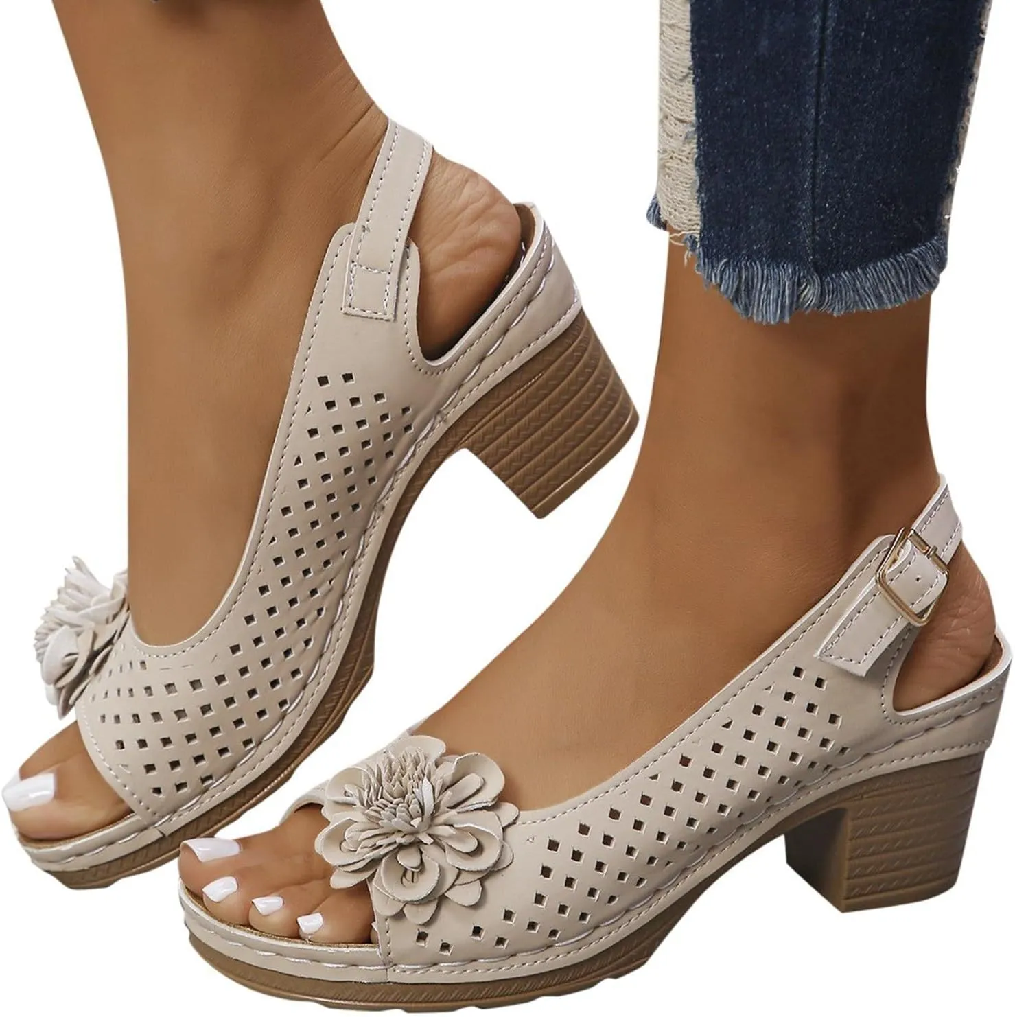 Ladies Orthopedic Sandals Slides Non Slip Beach Sandals Trendy Elegant Flowers Decor Hollow Out Low Heel Sandal with Adjustable Buckle Straps