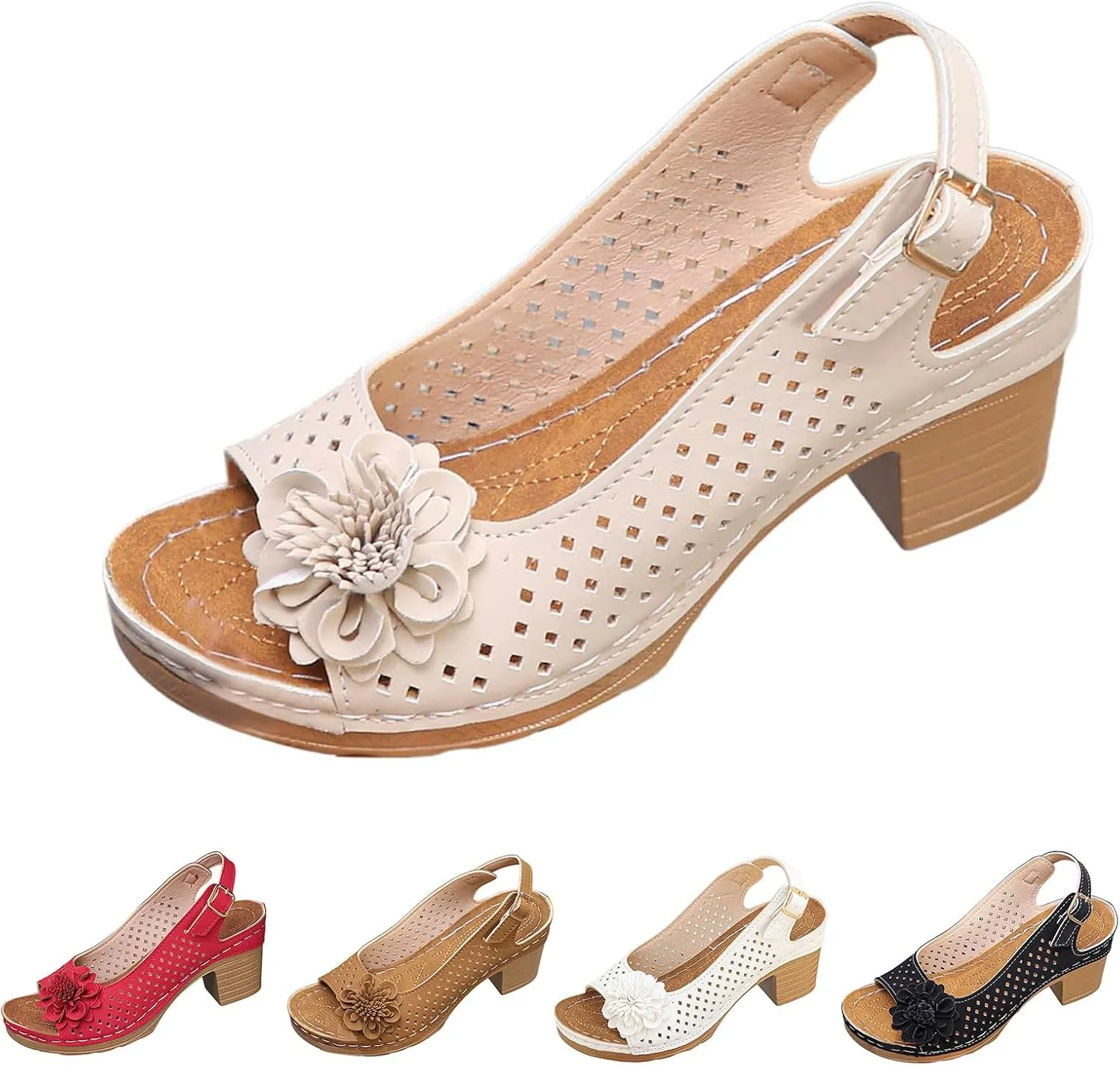 Ladies Orthopedic Sandals Slides Non Slip Beach Sandals Trendy Elegant Flowers Decor Hollow Out Low Heel Sandal with Adjustable Buckle Straps