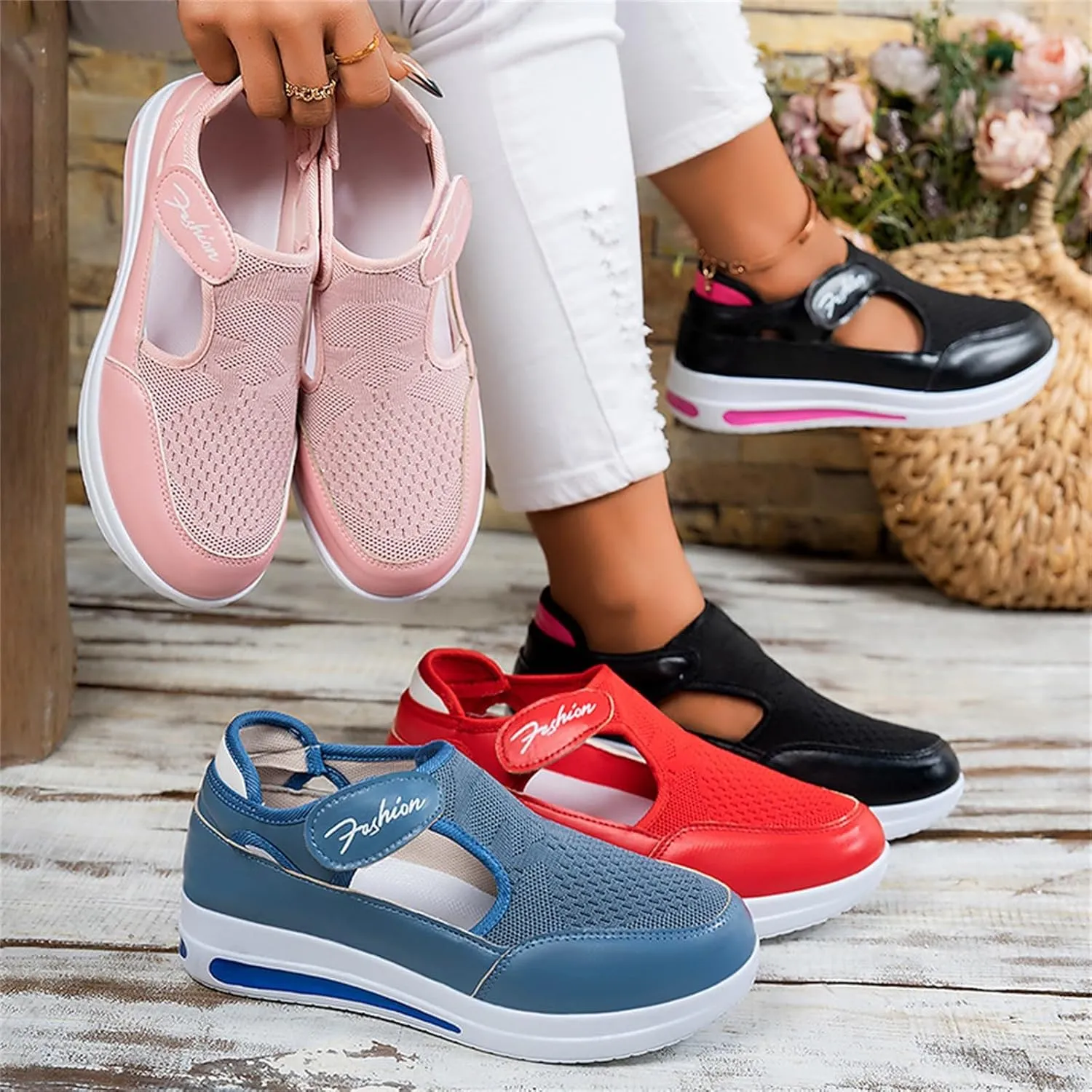 Ladies Platform Sneakers Slip on No Lace Breathable Cutout Walking Running Shoes Comfortable Tennis Shoes Non Slip Casual Womens Outdoor Sport Sneakers