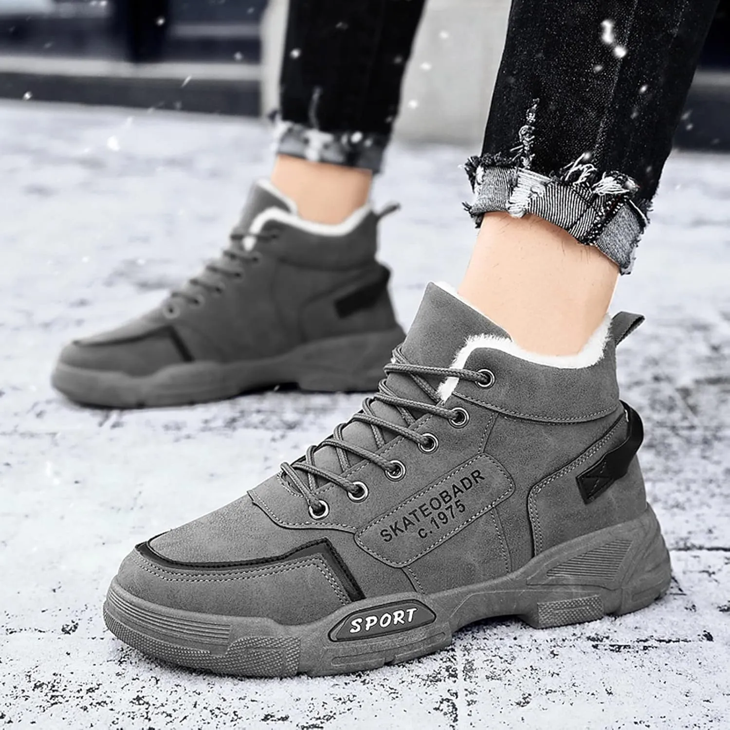 Men Slip on Walking Shoes Comfy Winter Warm Faux Furry Lined Hiking ShoesMemory Foam Breathable Mesh Fashion Sneakers Non Slip Arch Support Cushioning Athletic Running Shoes