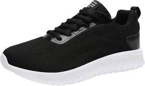 Mens Arch Support Running Shoes Long Walking Fashion Sneakers Lace Up Casual Comfortable Soft Sole Work Tennis Sport Athletic Trainers Shoes with Breathable Mesh Black Footwear