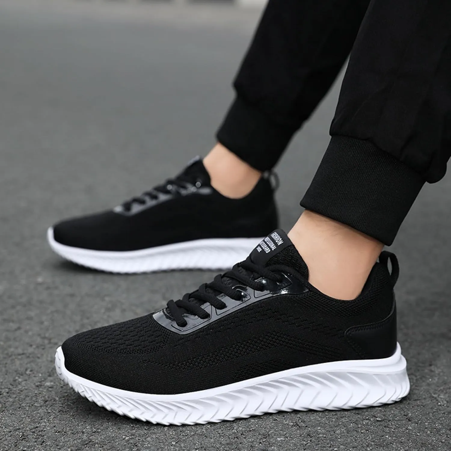 Mens Arch Support Running Shoes Long Walking Fashion Sneakers Lace Up Casual Comfortable Soft Sole Work Tennis Sport Athletic Trainers Shoes with Breathable Mesh Black Footwear