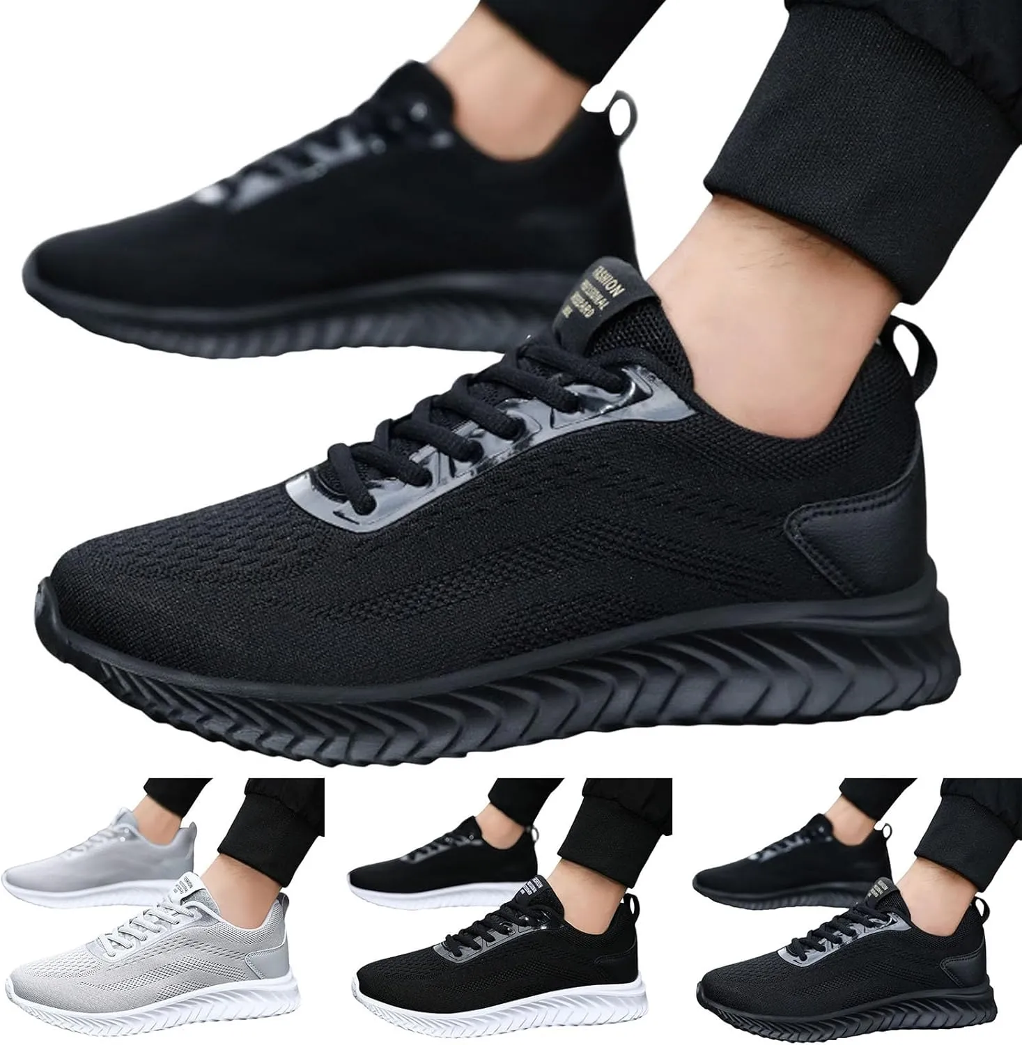 Mens Arch Support Running Shoes Long Walking Fashion Sneakers Lace Up Casual Comfortable Soft Sole Work Tennis Sport Athletic Trainers Shoes with Breathable Mesh Black Footwear