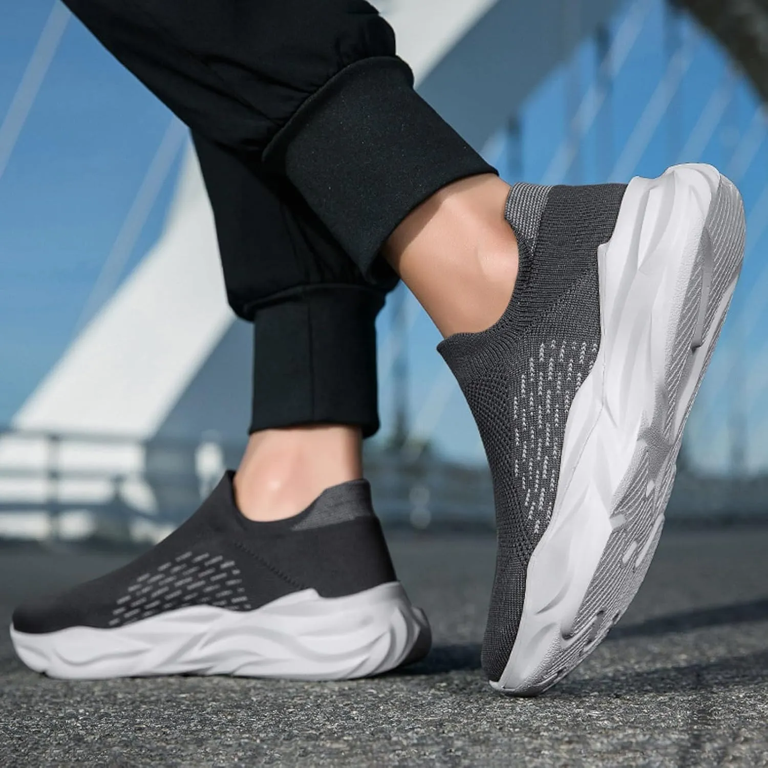 Men's Athletic Slip on Sneakers Fashionable Comfort Sole Breathable Mesh Ultra Lightweight Comfortable Cushion Running Shoes with Arch Support for Gym & Walking Daily Work for Male