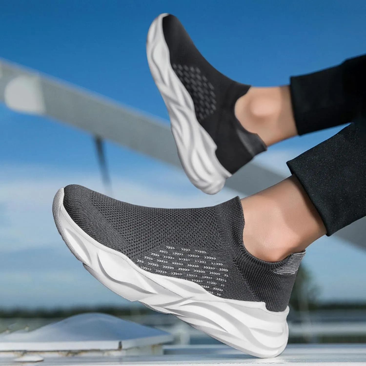 Men's Athletic Slip on Sneakers Fashionable Comfort Sole Breathable Mesh Ultra Lightweight Comfortable Cushion Running Shoes with Arch Support for Gym & Walking Daily Work for Male