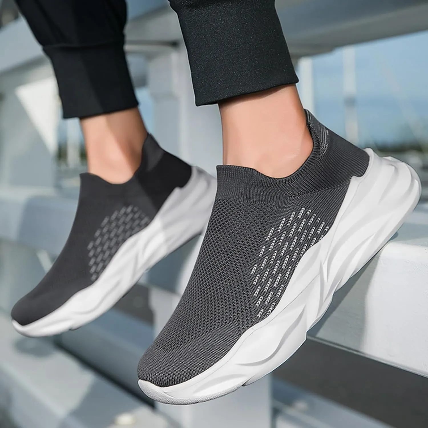 Men's Athletic Slip on Sneakers Fashionable Comfort Sole Breathable Mesh Ultra Lightweight Comfortable Cushion Running Shoes with Arch Support for Gym & Walking Daily Work for Male
