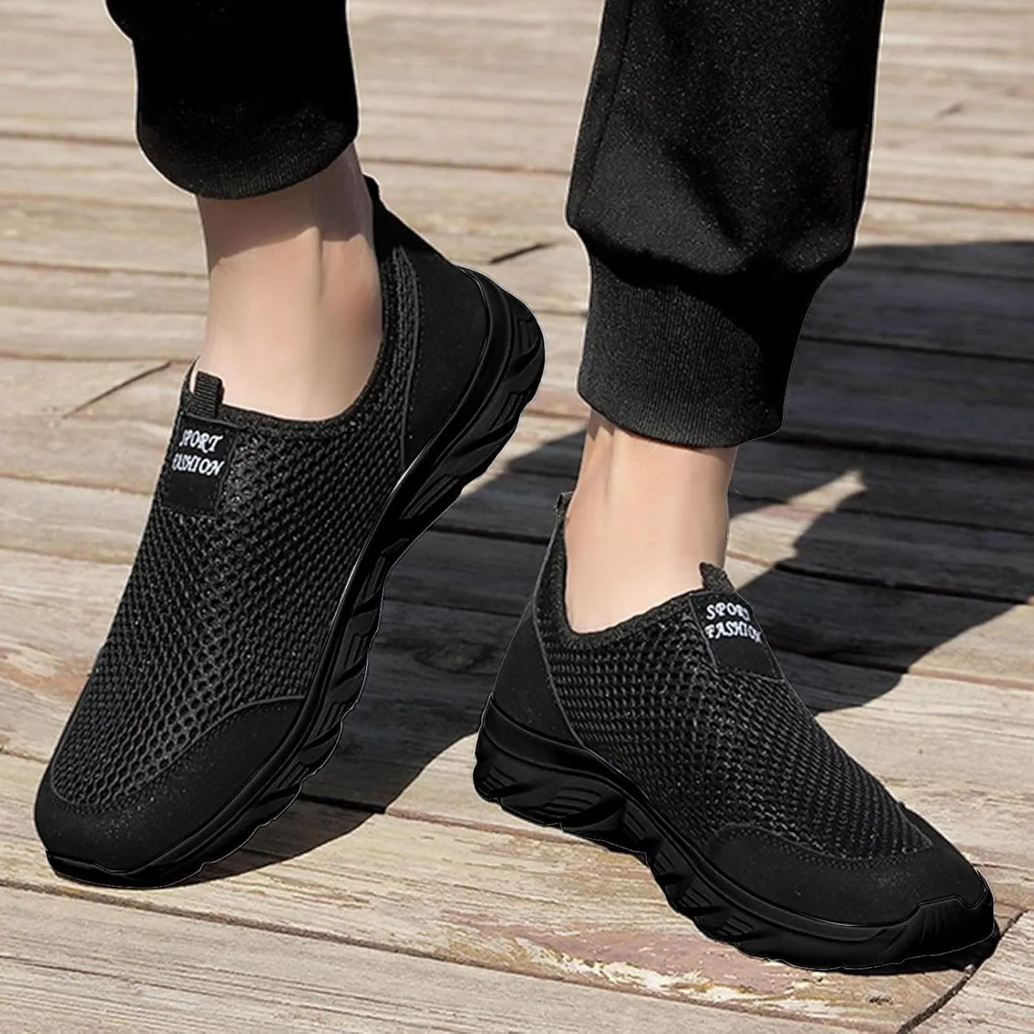 Men's Breathable Mesh Walking Shoes, Comfortable Adjustable Slip on Sneakers for Spring/Summer Daily Wear, Great for Outdoor Travel and City Strolls Fashion Thick Bottom Black Sneaker