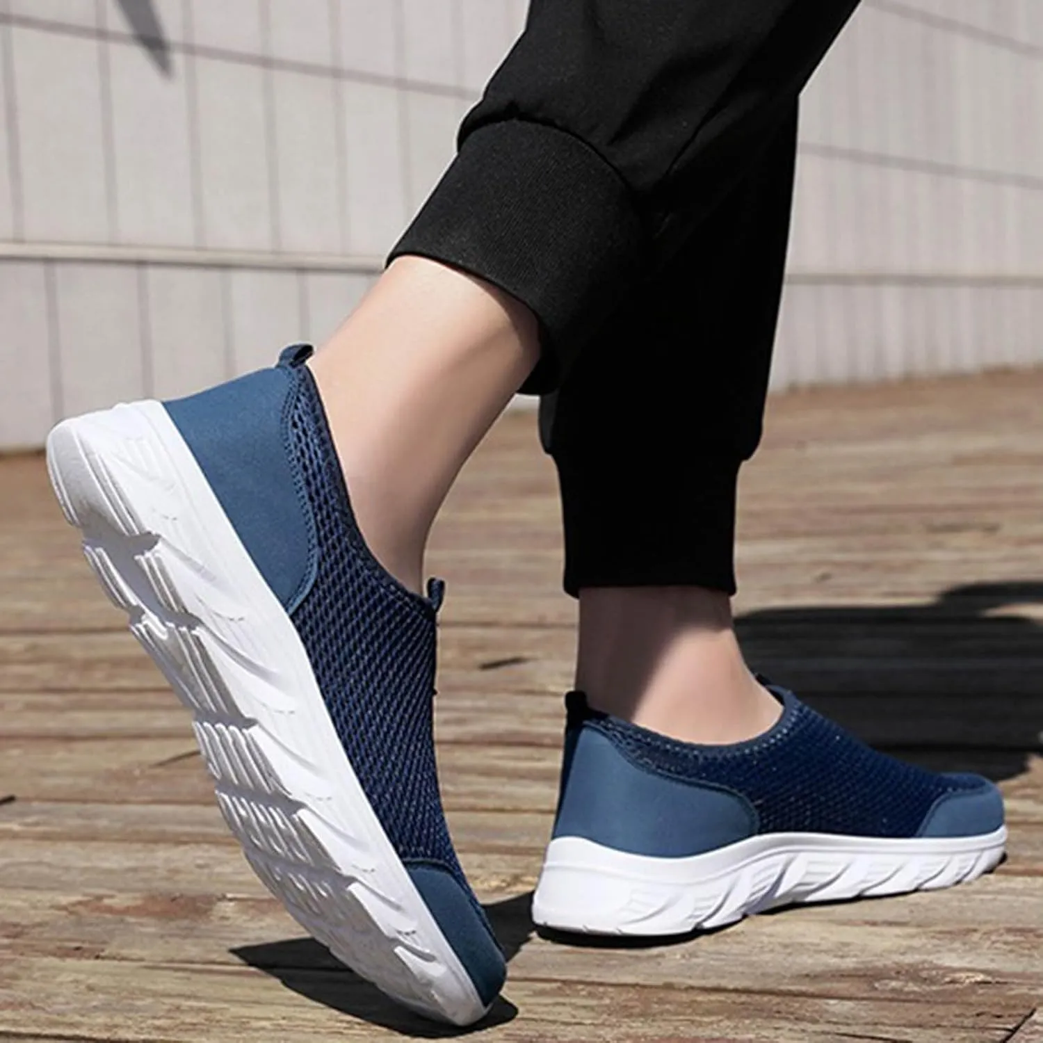 Men's Breathable Mesh Walking Shoes, Comfortable Adjustable Slip on Sneakers for Spring/Summer Daily Wear, Great for Outdoor Travel and City Strolls Fashion Thick Bottom Black Sneaker