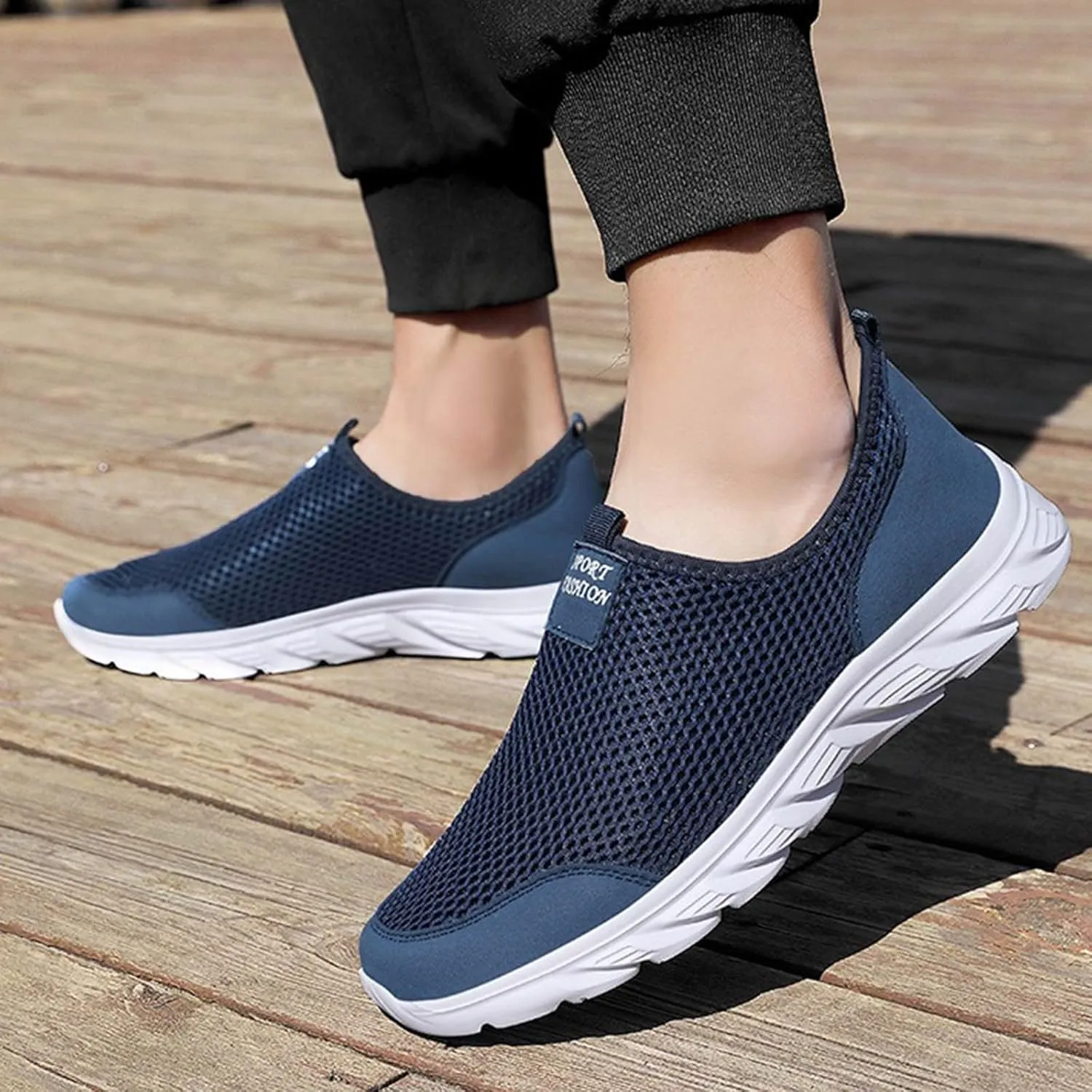 Men's Breathable Mesh Walking Shoes, Comfortable Adjustable Slip on Sneakers for Spring/Summer Daily Wear, Great for Outdoor Travel and City Strolls Fashion Thick Bottom Black Sneaker