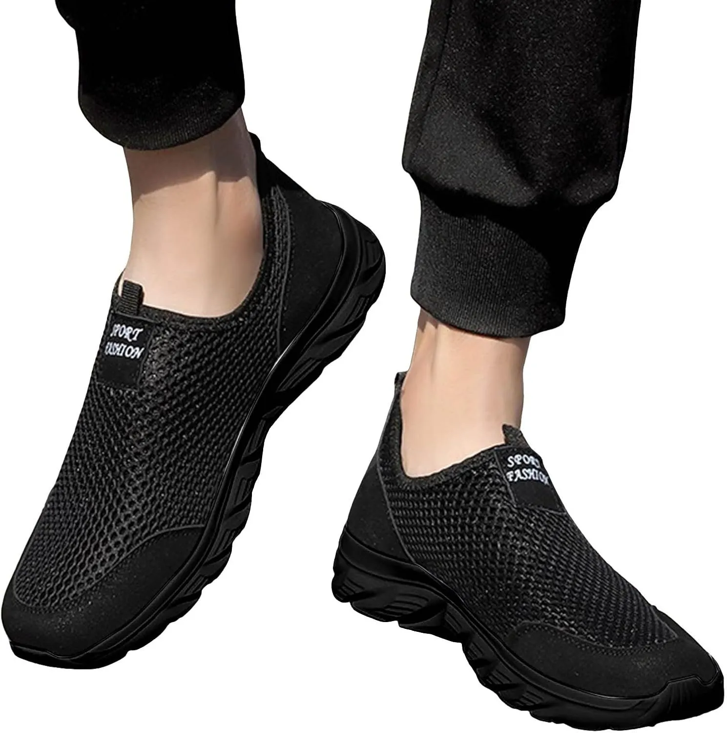 Men's Breathable Mesh Walking Shoes, Comfortable Adjustable Slip on Sneakers for Spring/Summer Daily Wear, Great for Outdoor Travel and City Strolls Fashion Thick Bottom Black Sneaker