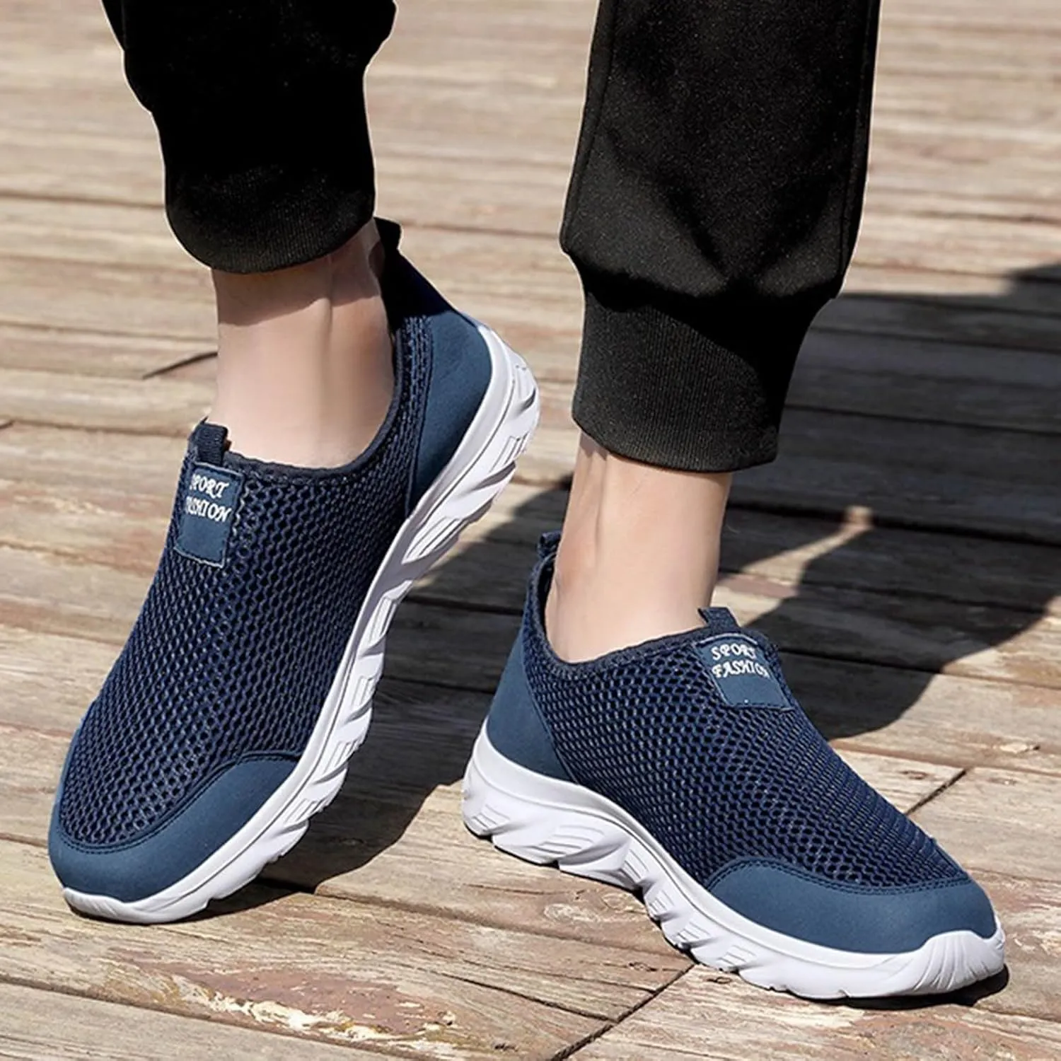 Men's Breathable Mesh Walking Shoes, Comfortable Adjustable Slip on Sneakers for Spring/Summer Daily Wear, Great for Outdoor Travel and City Strolls Fashion Thick Bottom Black Sneaker
