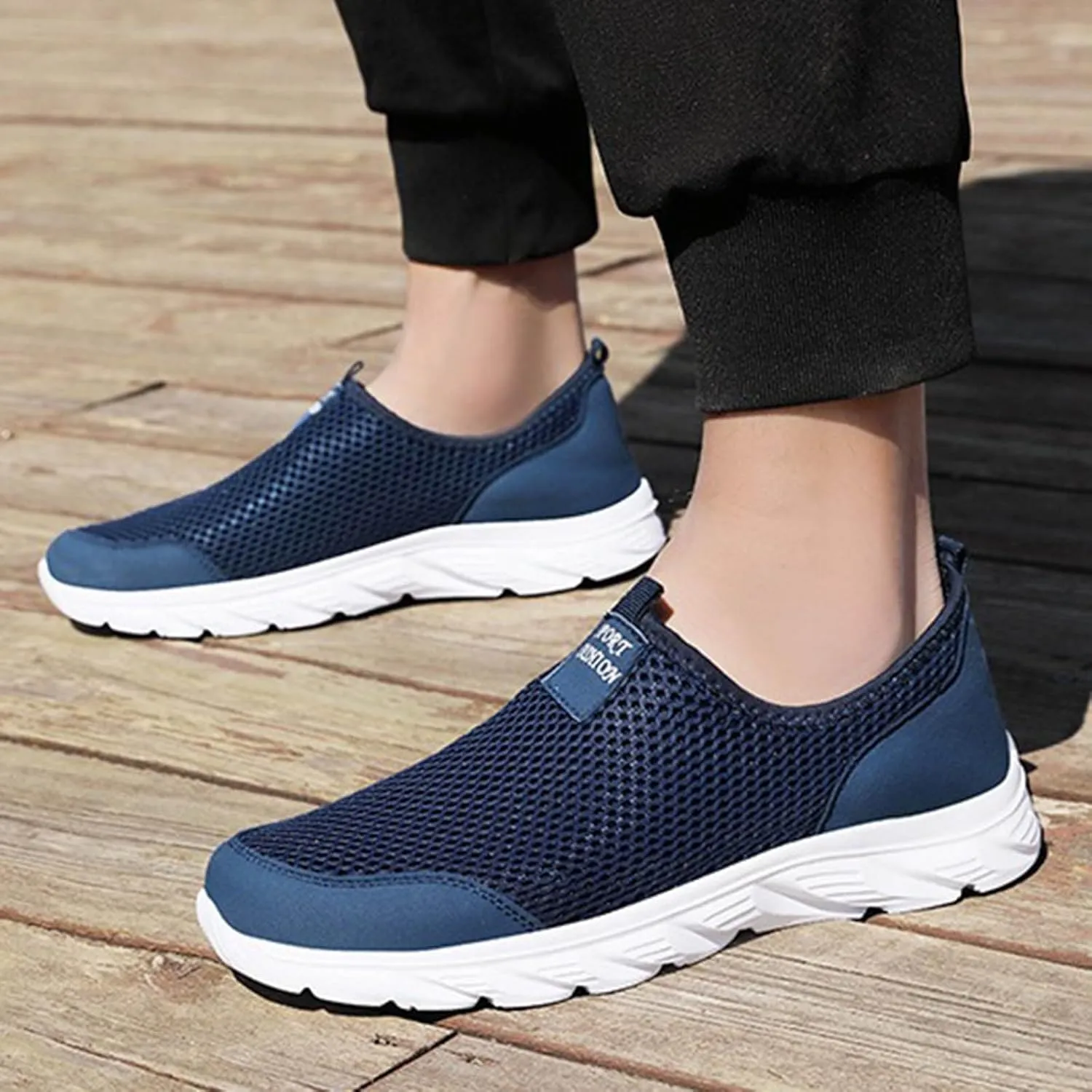 Men's Breathable Mesh Walking Shoes, Comfortable Adjustable Slip on Sneakers for Spring/Summer Daily Wear, Great for Outdoor Travel and City Strolls Fashion Thick Bottom Black Sneaker