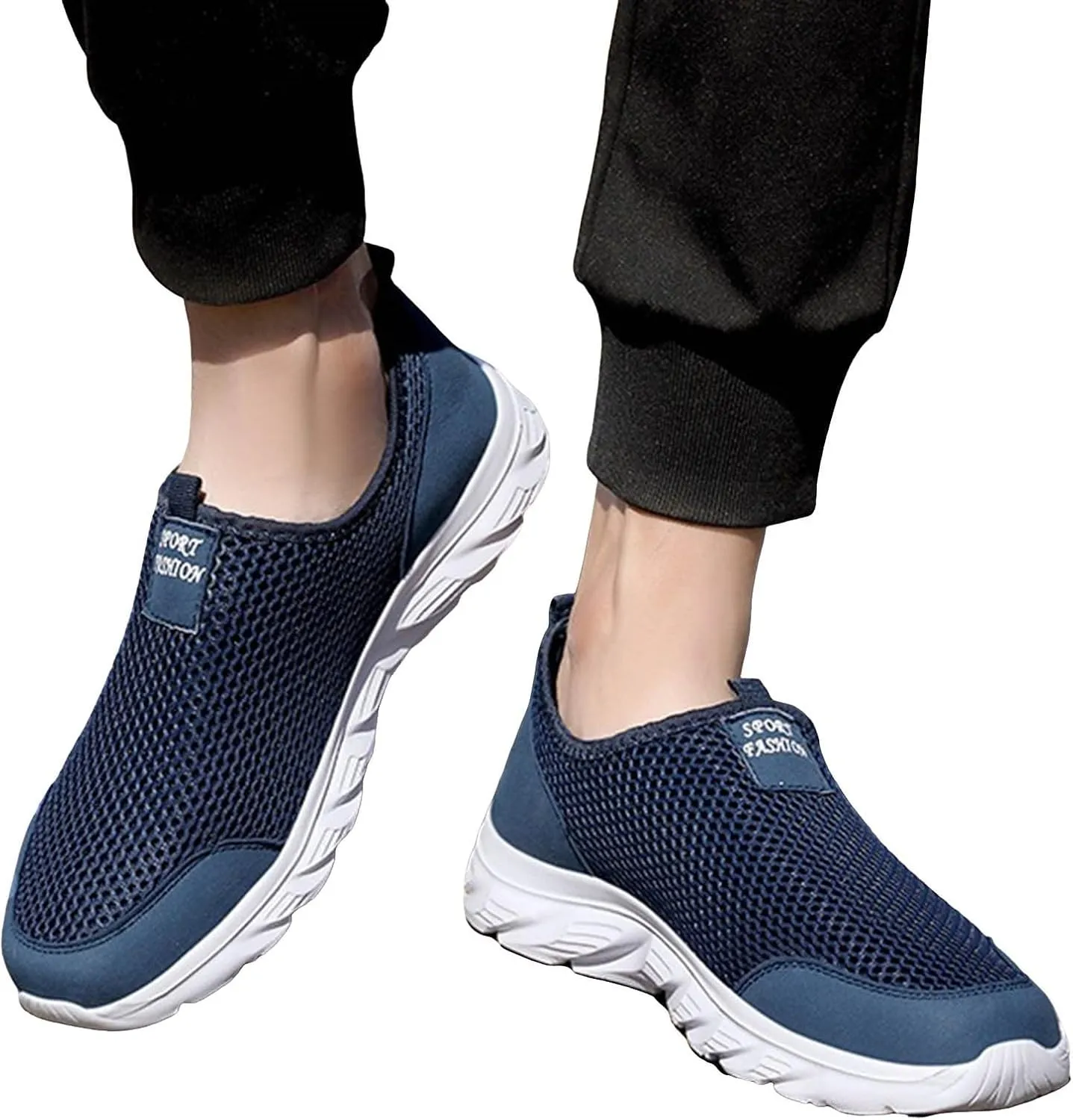 Men's Breathable Mesh Walking Shoes, Comfortable Adjustable Slip on Sneakers for Spring/Summer Daily Wear, Great for Outdoor Travel and City Strolls Fashion Thick Bottom Black Sneaker