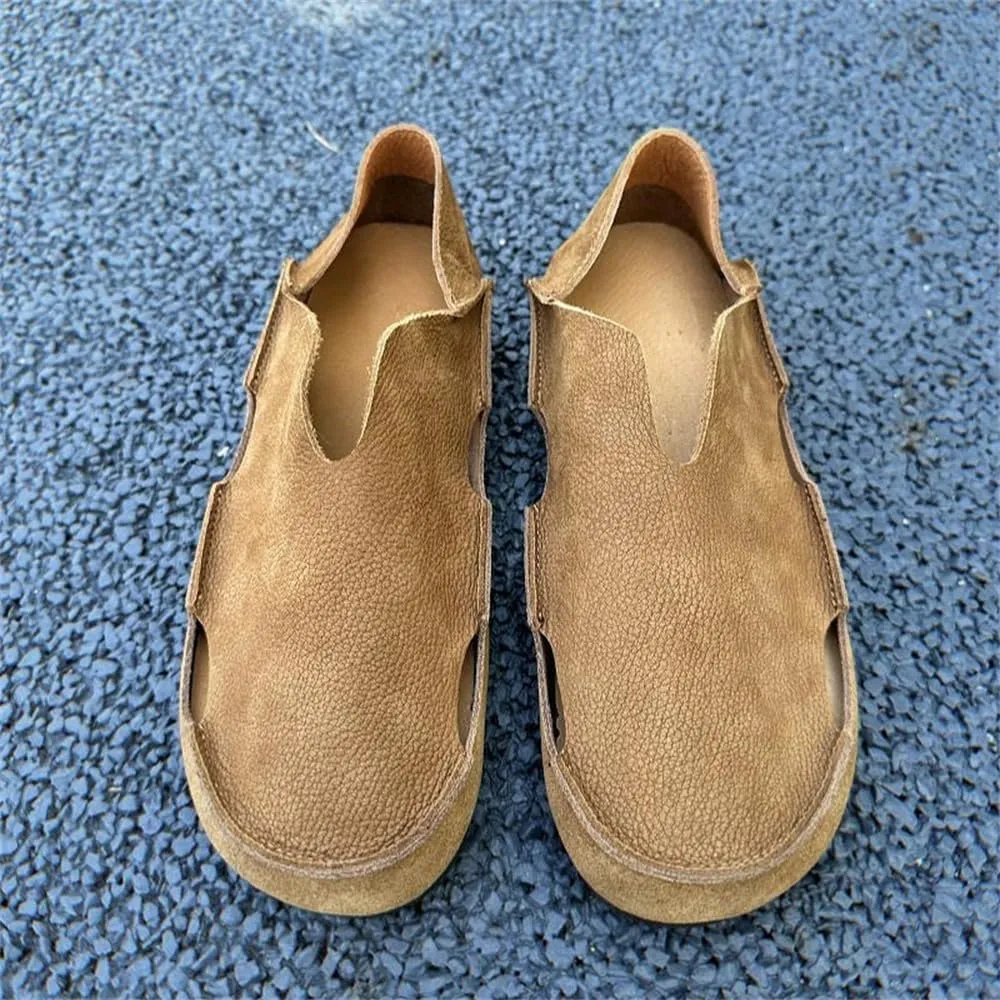 Mens Breathable Soft Walking Shoes Genuine Leather Retro Handmade Slip on Loafers Comfortable Driving Shoes