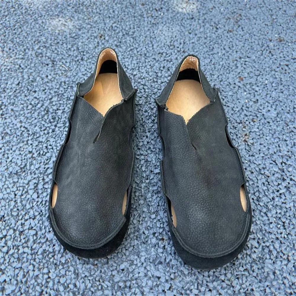 Mens Breathable Soft Walking Shoes Genuine Leather Retro Handmade Slip on Loafers Comfortable Driving Shoes