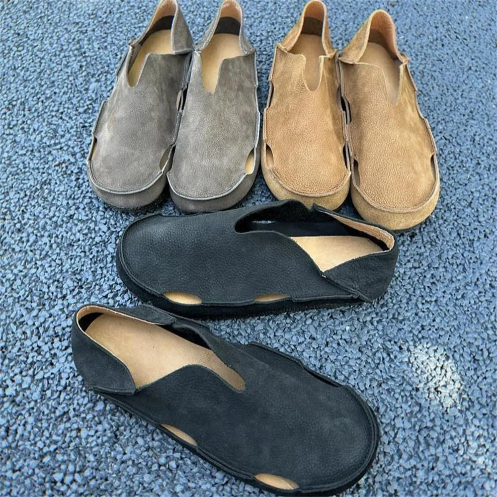 Mens Breathable Soft Walking Shoes Genuine Leather Retro Handmade Slip on Loafers Comfortable Driving Shoes