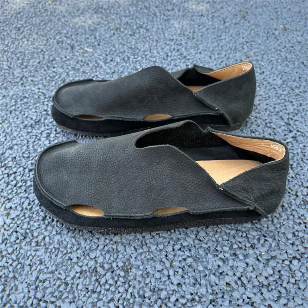 Mens Breathable Soft Walking Shoes Genuine Leather Retro Handmade Slip on Loafers Comfortable Driving Shoes