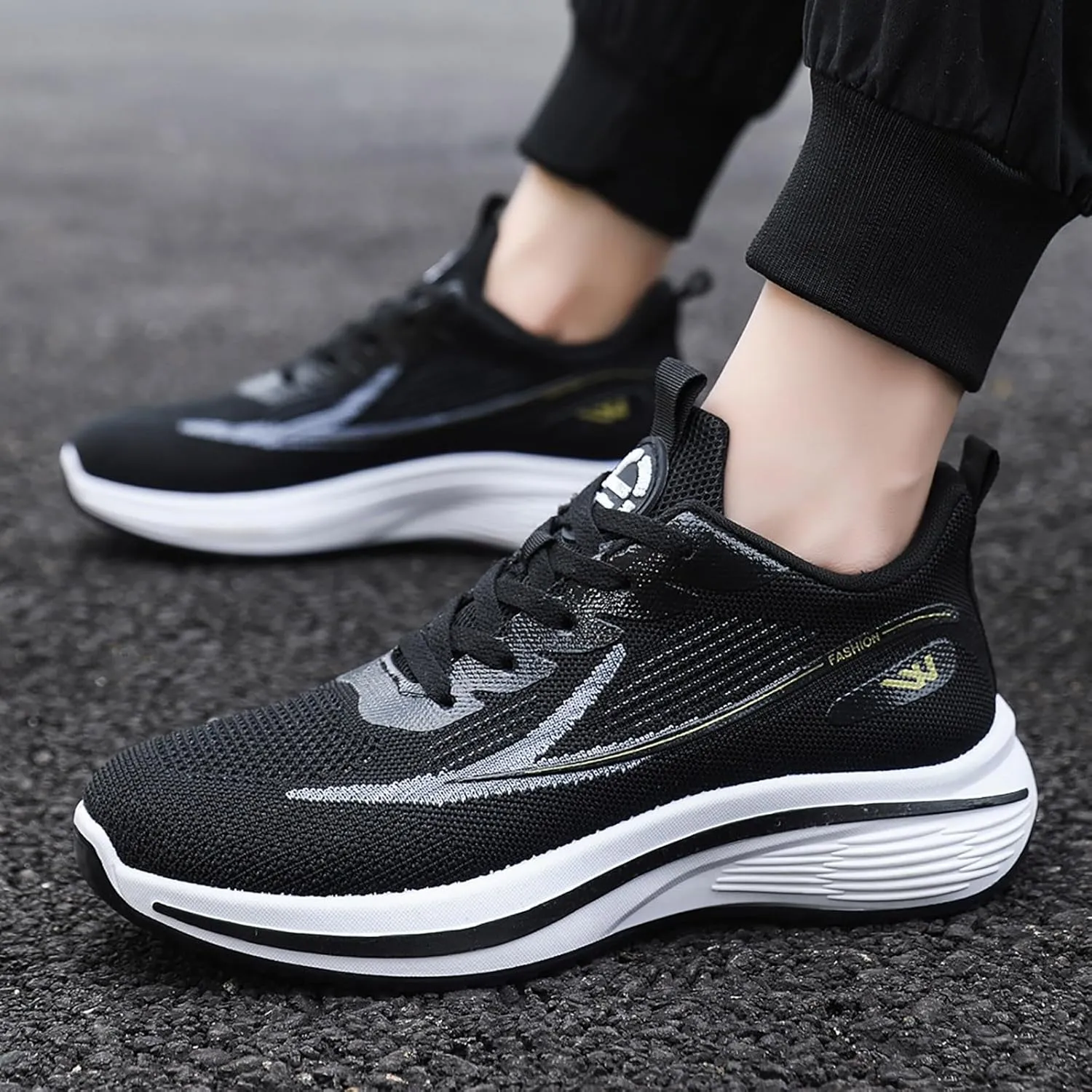 Men's Fashion Sneakers Breathable Mesh Cushion Running Shoes Non Slip Thick Soft Sole Casual Athletic Arch Support Walking Shoes Black Lace Up Basketball Shoe for Men All Season