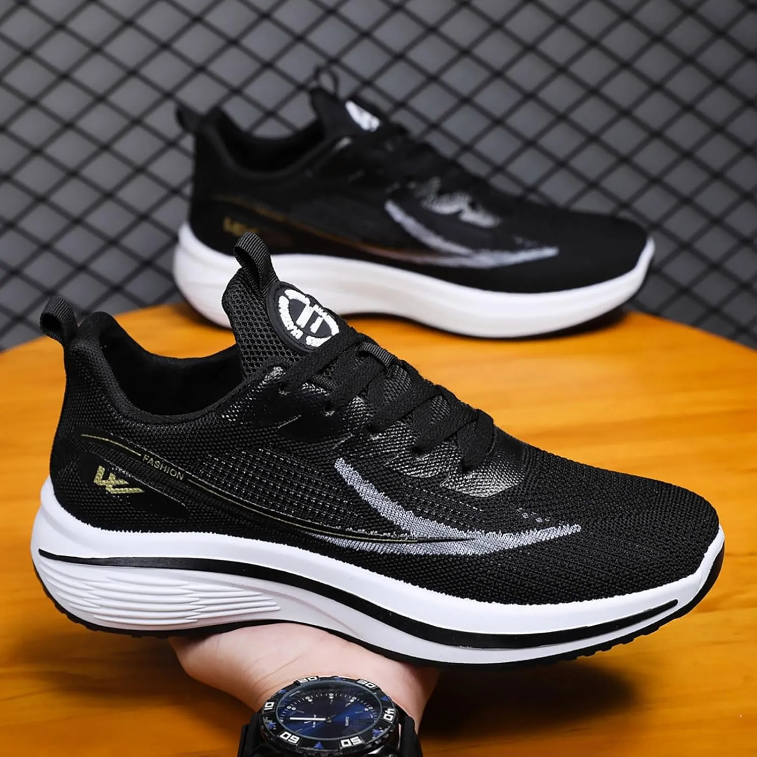 Men's Fashion Sneakers Breathable Mesh Cushion Running Shoes Non Slip Thick Soft Sole Casual Athletic Arch Support Walking Shoes Black Lace Up Basketball Shoe for Men All Season