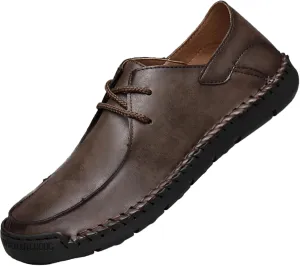 Men’s Hand Stitching Lace-up Flats Loafers Leather Casual Slip-Ons Outdoor Lightweight Vintage Non Slip Work Dress Driving Walking Shoes