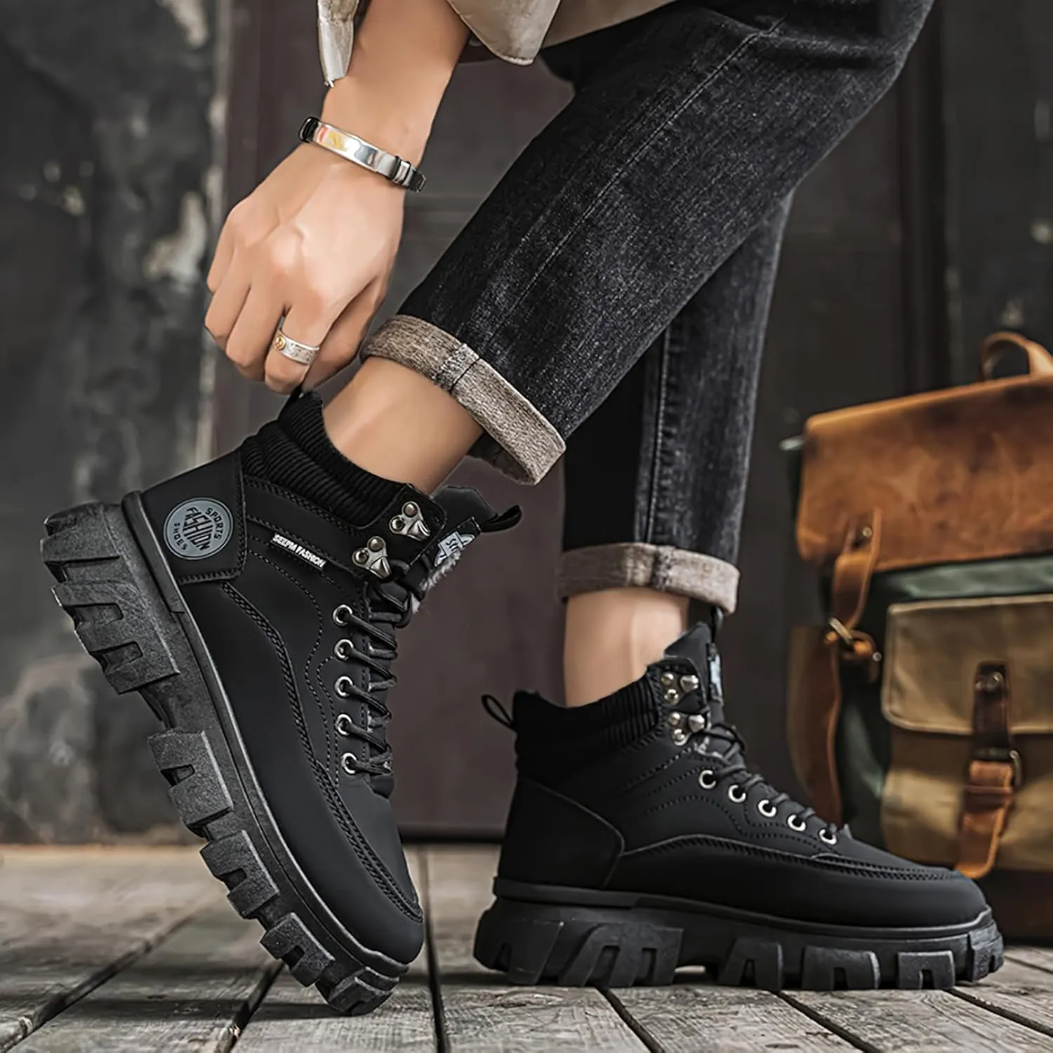 Men's High Top Fashion Sneakers Casual Athletic Walking Shoes Round Toe Lace-Up Shoes Non-Slip Hiking Boots for Men