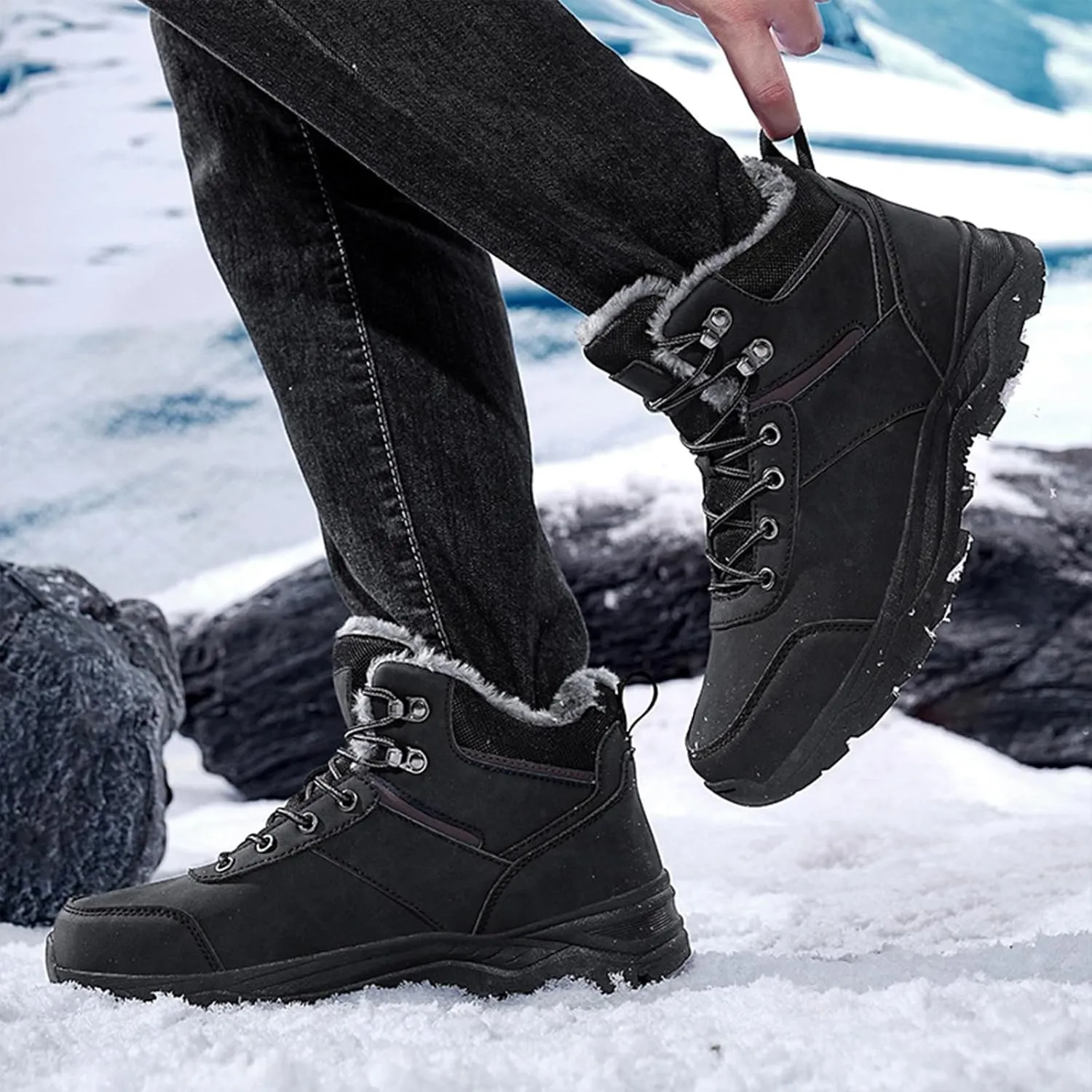 Men's Lightweight Warm Hiking Boots Platform Non-Slip Waterproof Fur Lined Lace-Up High Top Snow Boots Outdoor Trekking Walking Booties