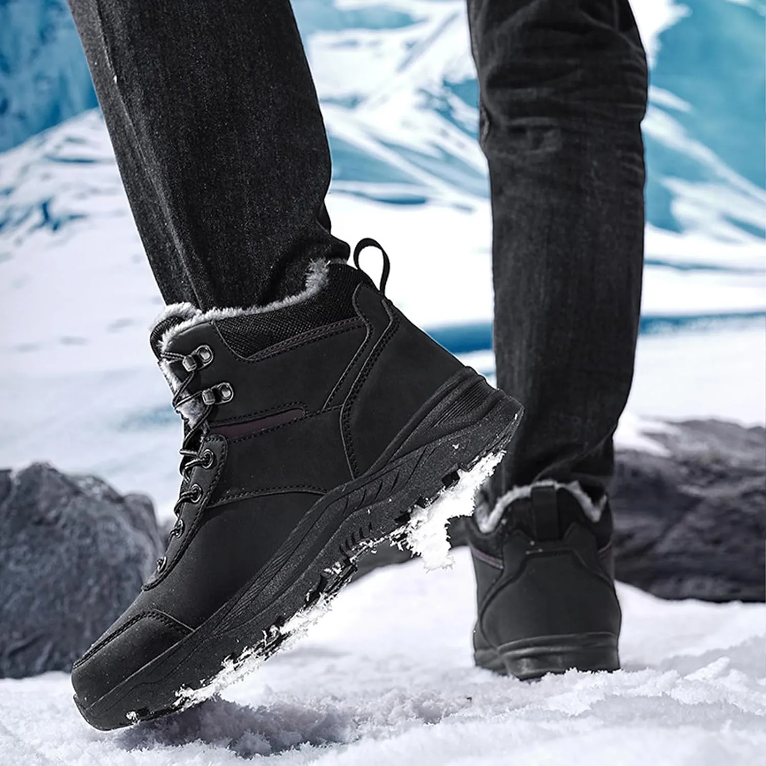 Men's Lightweight Warm Hiking Boots Platform Non-Slip Waterproof Fur Lined Lace-Up High Top Snow Boots Outdoor Trekking Walking Booties