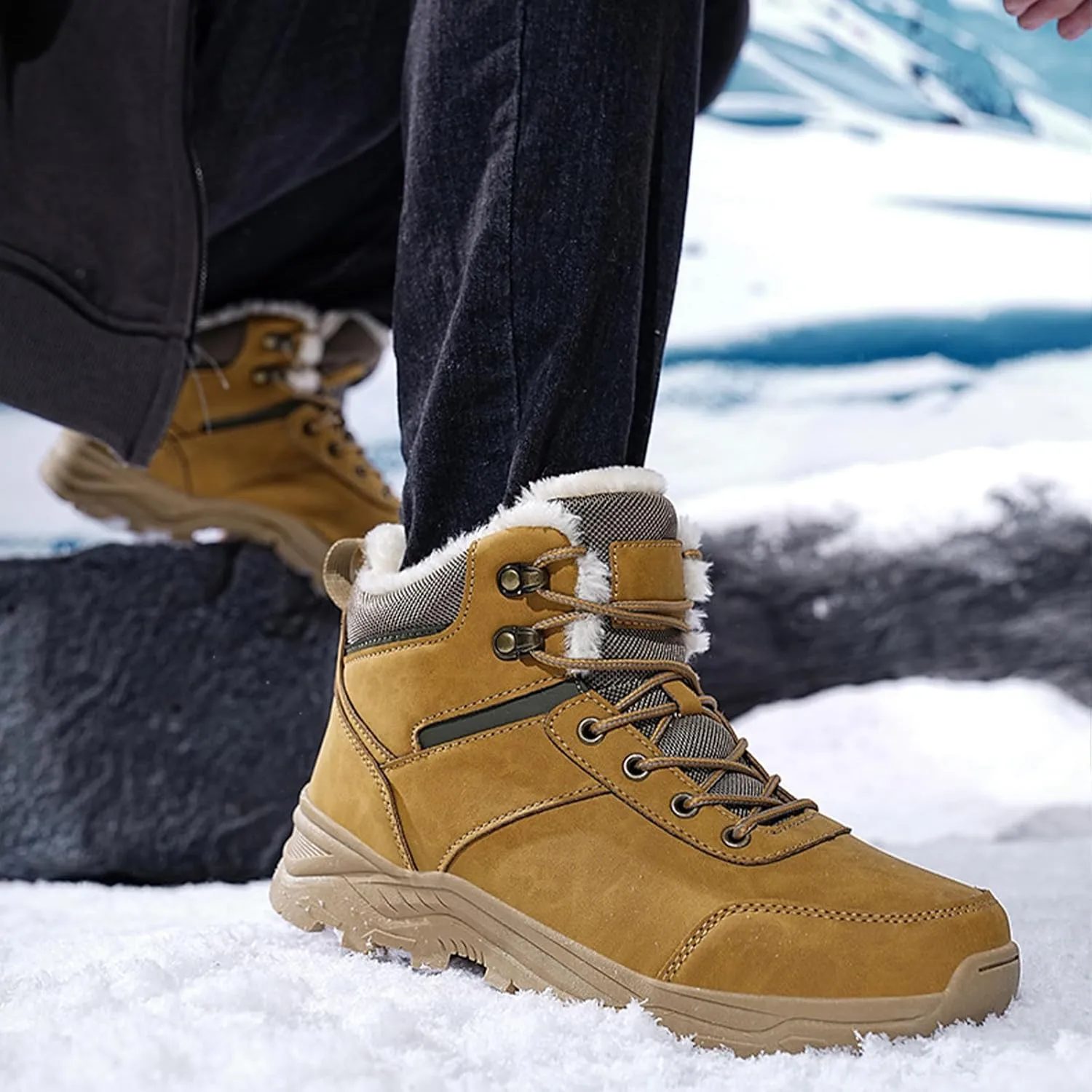 Men's Lightweight Warm Hiking Boots Platform Non-Slip Waterproof Fur Lined Lace-Up High Top Snow Boots Outdoor Trekking Walking Booties