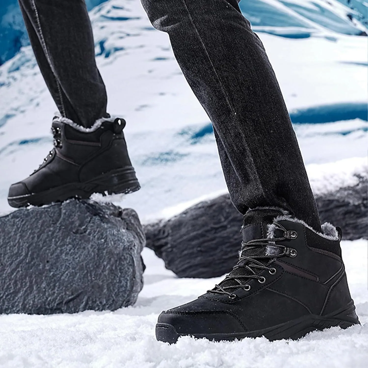 Men's Lightweight Warm Hiking Boots Platform Non-Slip Waterproof Fur Lined Lace-Up High Top Snow Boots Outdoor Trekking Walking Booties