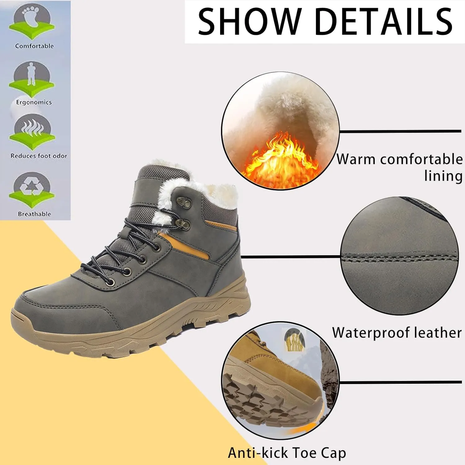 Men's Lightweight Warm Hiking Boots Platform Non-Slip Waterproof Fur Lined Lace-Up High Top Snow Boots Outdoor Trekking Walking Booties