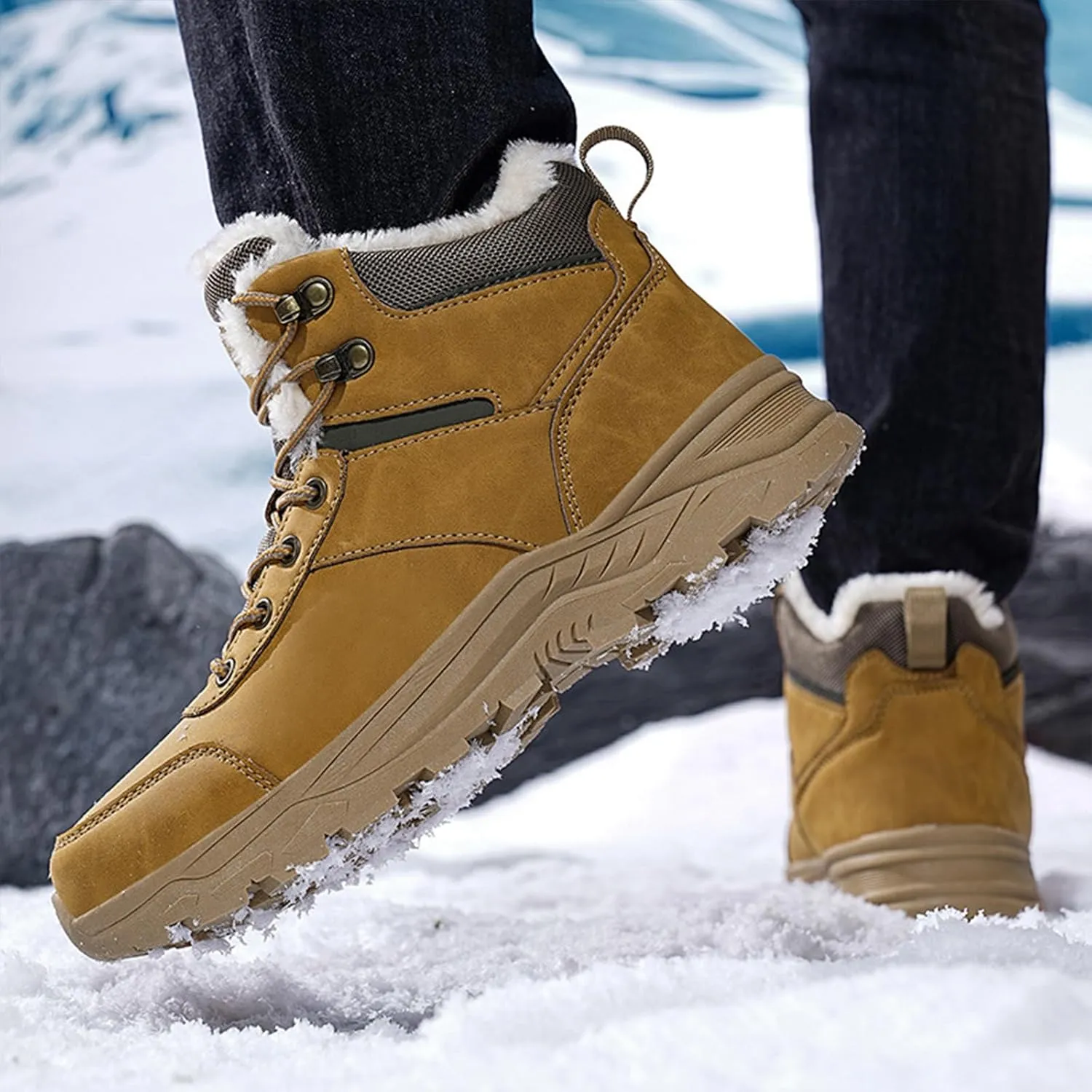 Men's Lightweight Warm Hiking Boots Platform Non-Slip Waterproof Fur Lined Lace-Up High Top Snow Boots Outdoor Trekking Walking Booties