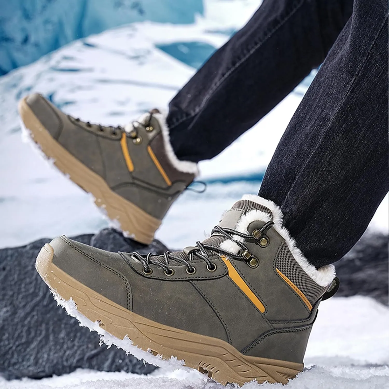 Men's Lightweight Warm Hiking Boots Platform Non-Slip Waterproof Fur Lined Lace-Up High Top Snow Boots Outdoor Trekking Walking Booties