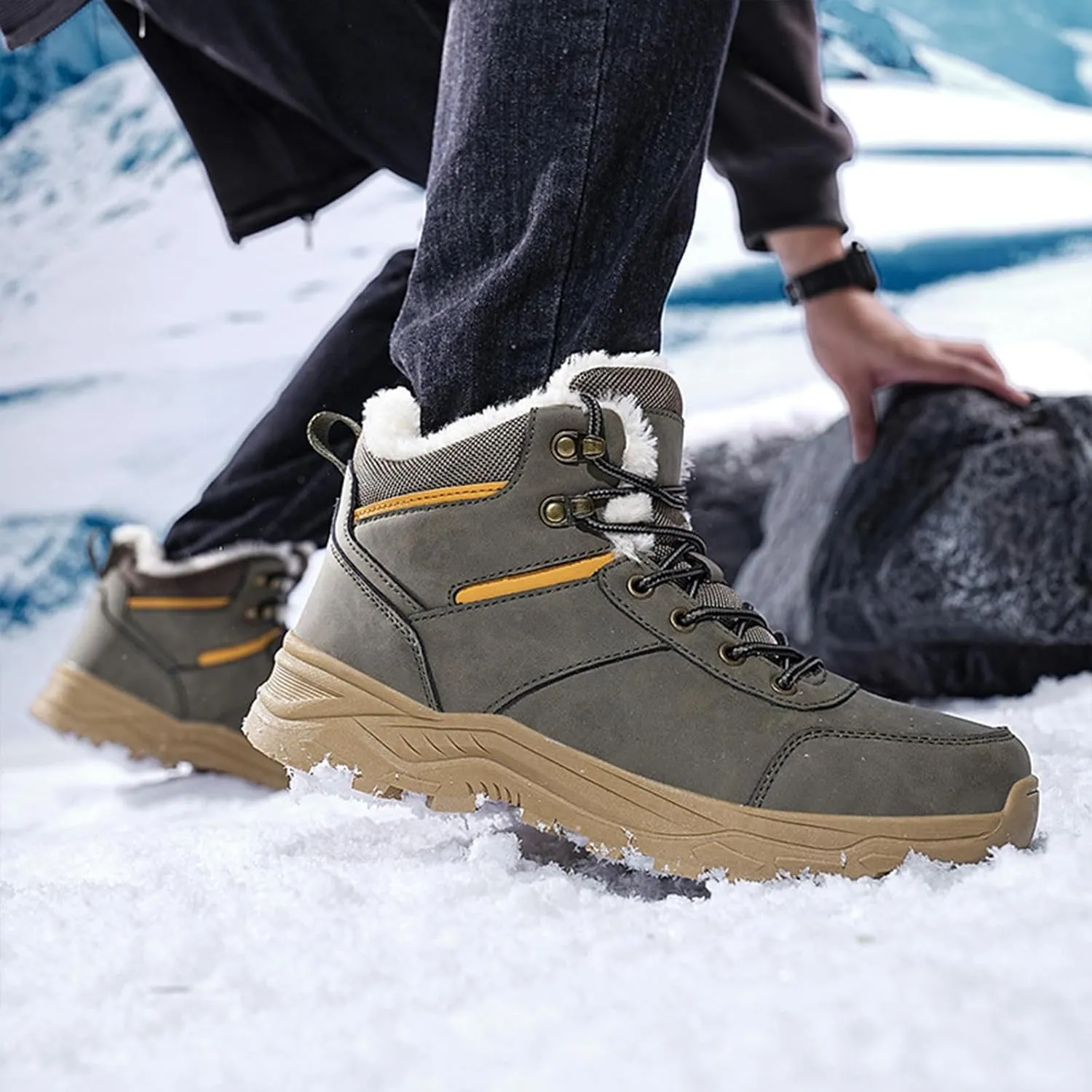 Men's Lightweight Warm Hiking Boots Platform Non-Slip Waterproof Fur Lined Lace-Up High Top Snow Boots Outdoor Trekking Walking Booties