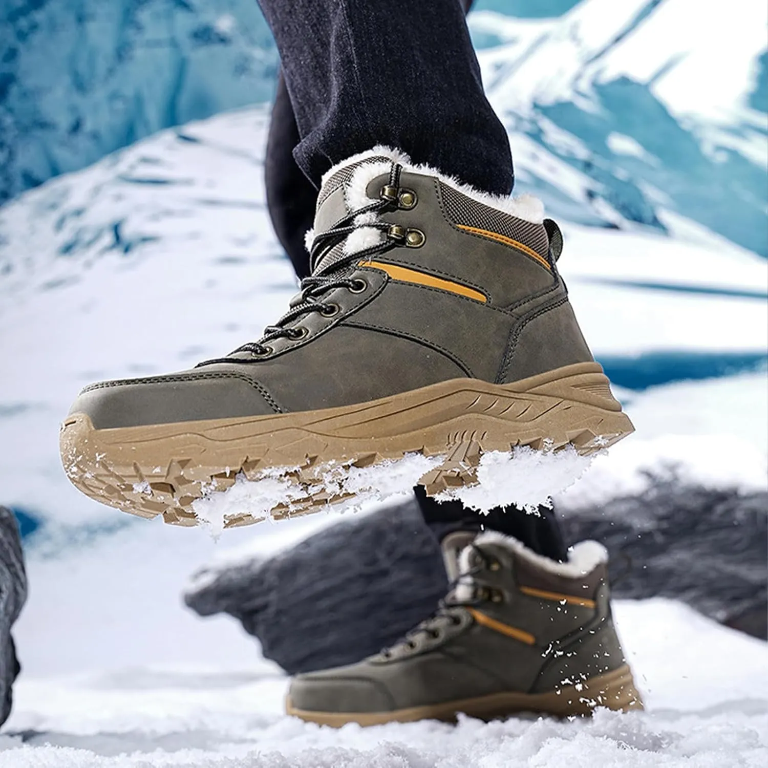 Men's Lightweight Warm Hiking Boots Platform Non-Slip Waterproof Fur Lined Lace-Up High Top Snow Boots Outdoor Trekking Walking Booties