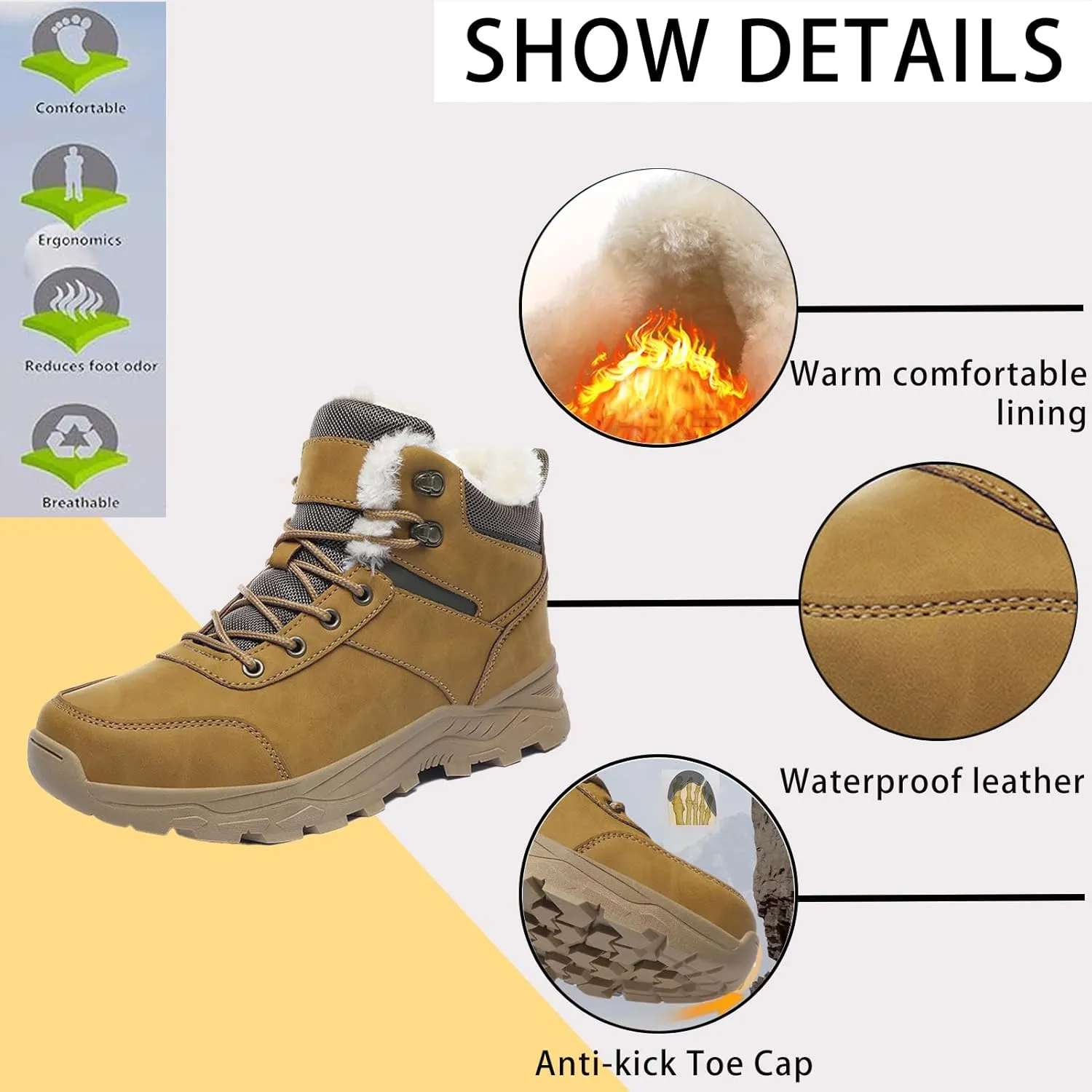 Men's Lightweight Warm Hiking Boots Platform Non-Slip Waterproof Fur Lined Lace-Up High Top Snow Boots Outdoor Trekking Walking Booties