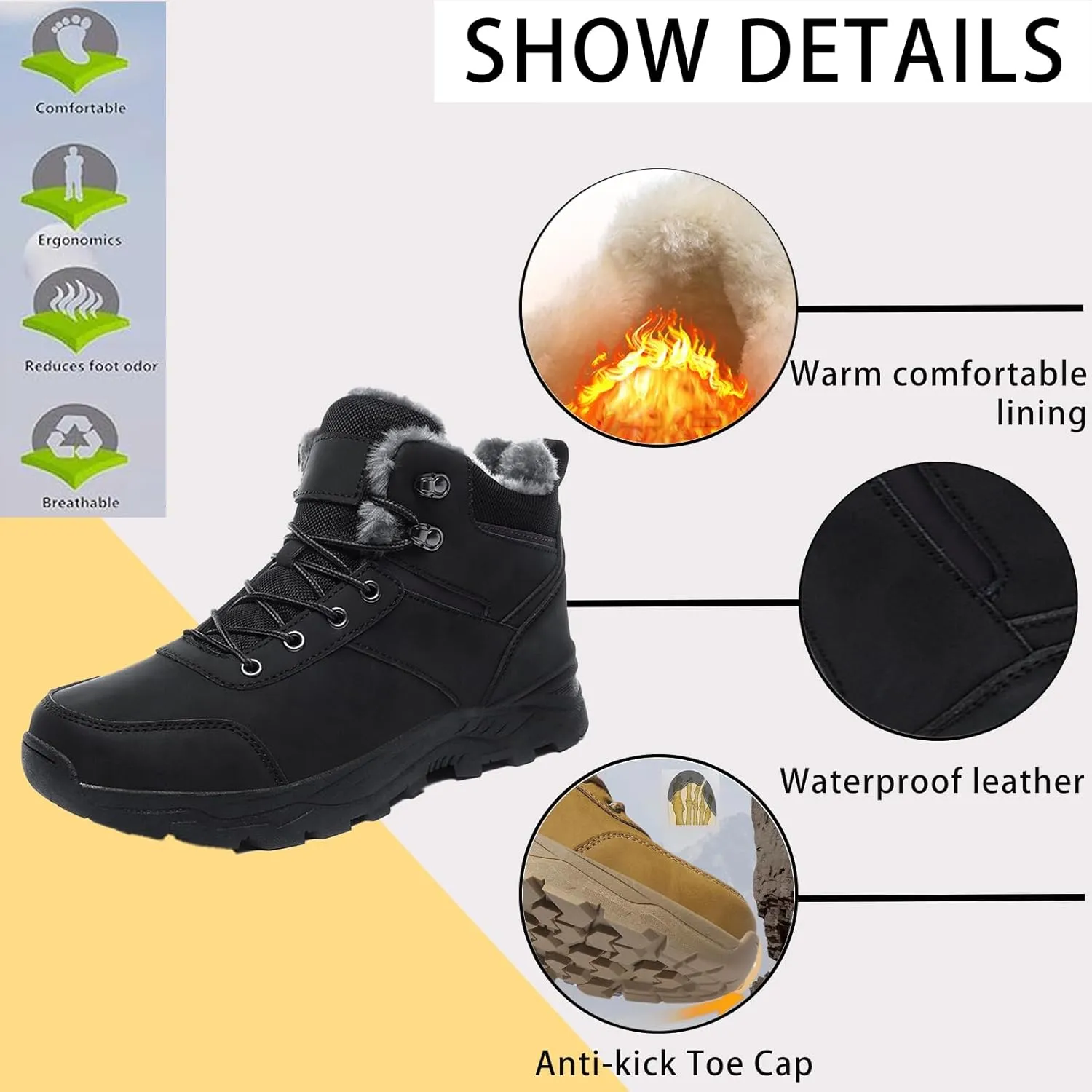 Men's Lightweight Warm Hiking Boots Platform Non-Slip Waterproof Fur Lined Lace-Up High Top Snow Boots Outdoor Trekking Walking Booties