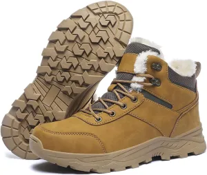 Men's Lightweight Warm Hiking Boots Platform Non-Slip Waterproof Fur Lined Lace-Up High Top Snow Boots Outdoor Trekking Walking Booties