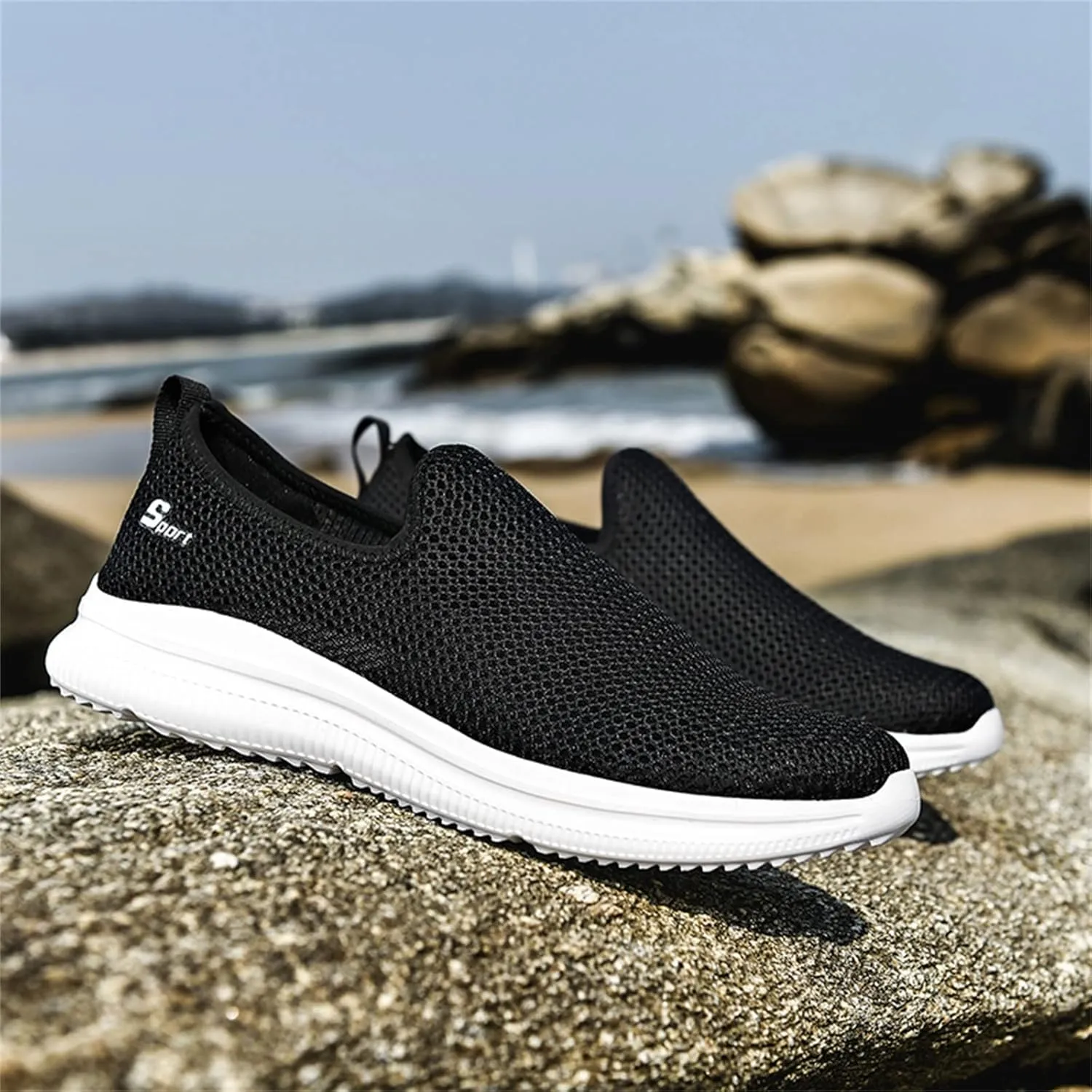 Mens Mesh Orthopedic Breathable Solid Color Casual Running Shoes Comfortable Lighweight Sneakers Soft Sole Slip on Comfy Outdoor Walking Shoes