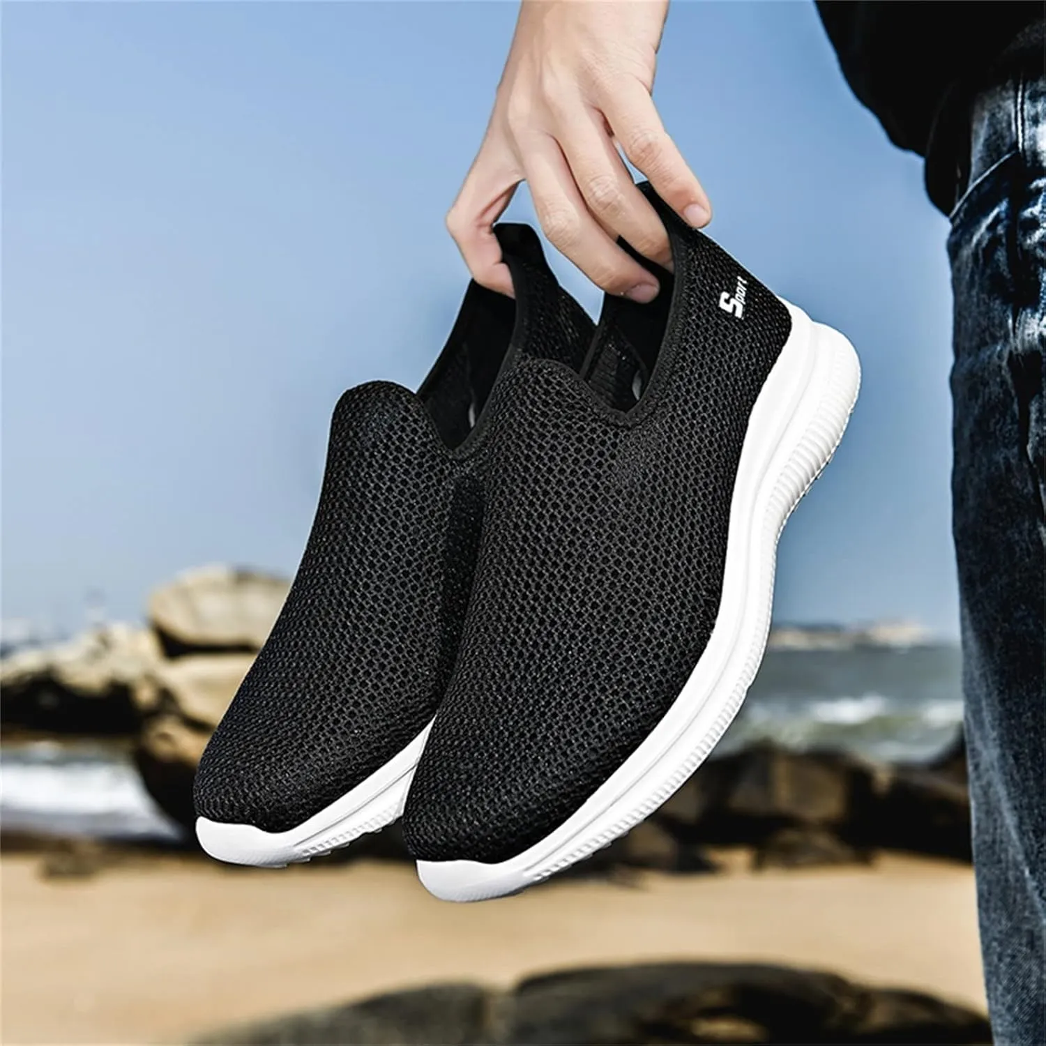 Mens Mesh Orthopedic Breathable Solid Color Casual Running Shoes Comfortable Lighweight Sneakers Soft Sole Slip on Comfy Outdoor Walking Shoes