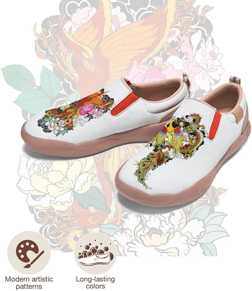 Men's Shoes Slip Ons Walking Casual Loafers Lightweight Comfortable Art Painted Travel Sneaker with A Dragon and Phoenix Theme