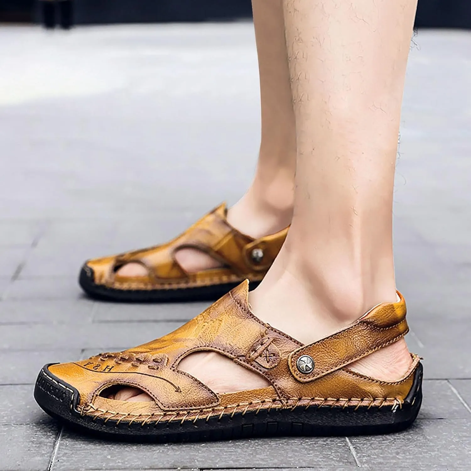 Men's Summer Breathable Hand Sewn Foot Covering Casual Beach Lazy PU Foreign Trade Sandals Men Hiking Sandals